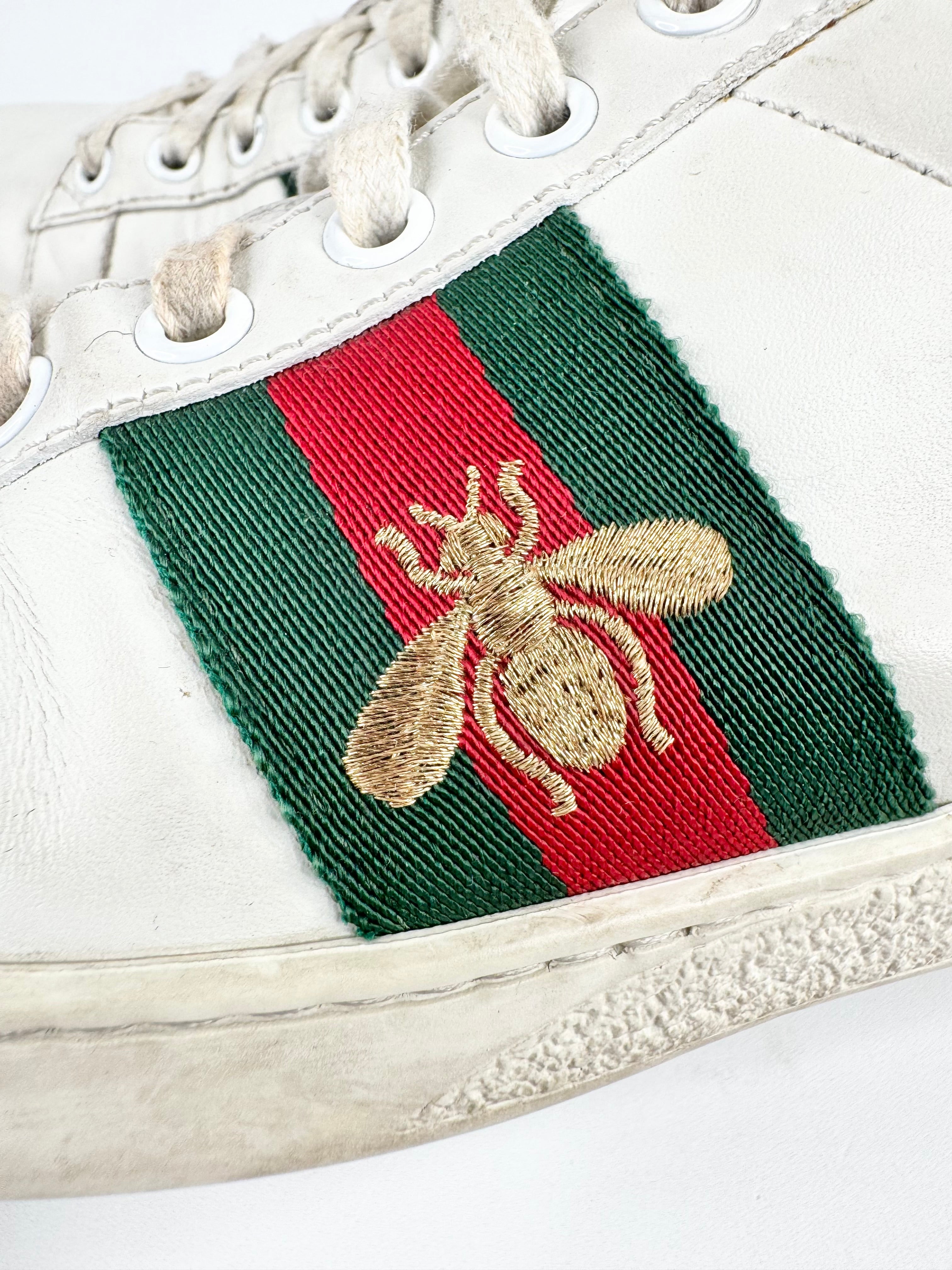 Gucci White Leather 'Ace' Bee Embroidered Sneakers - EU36.5