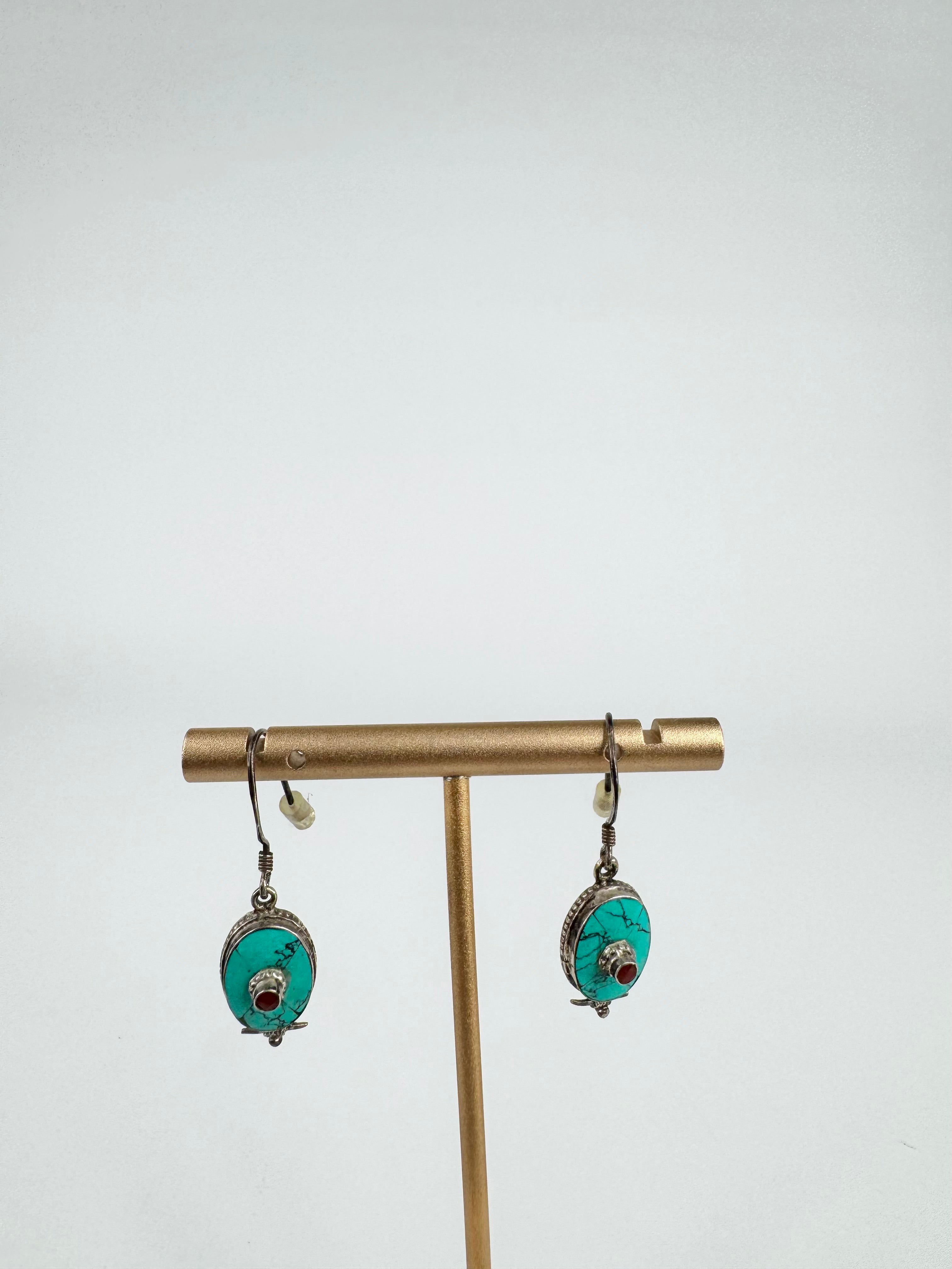 Silver & Turquoise Look Cabochon Oval Drop Earrings