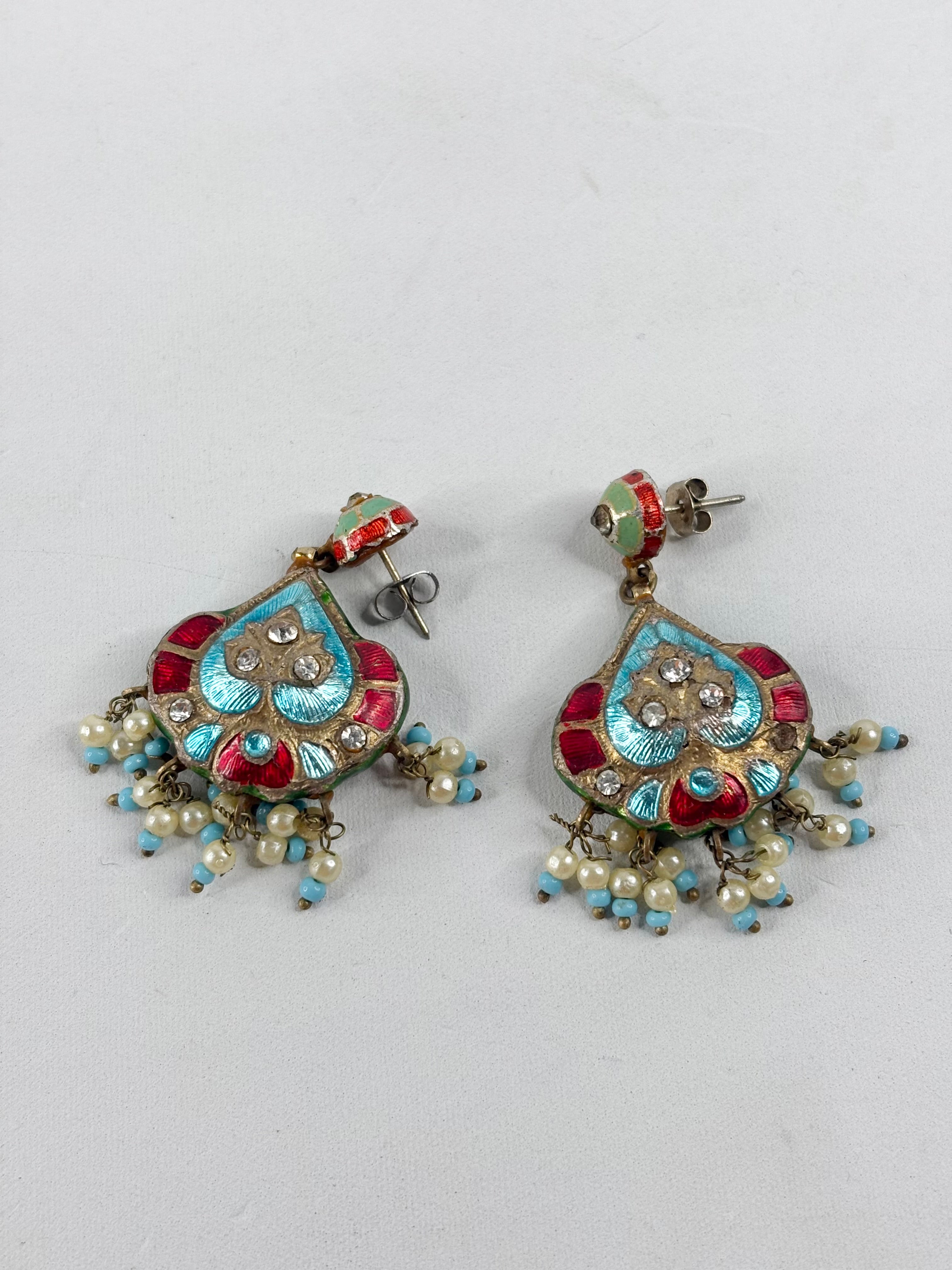 Vintage 70s Desi Style Double-Sided Faux Pearl & Rhinestone Earrings