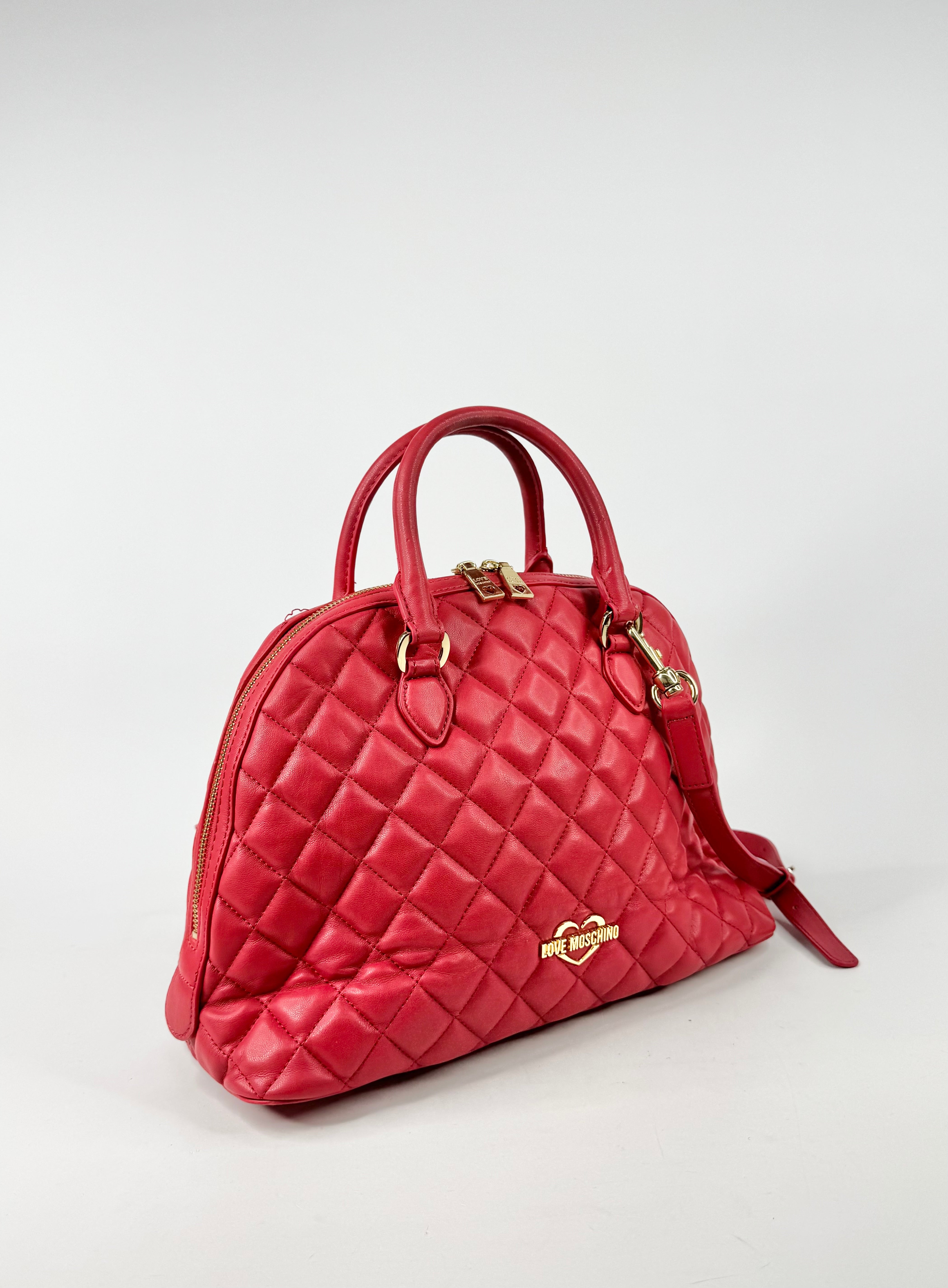 Love Moschino Strawberry Red Quilted Bowling Bag