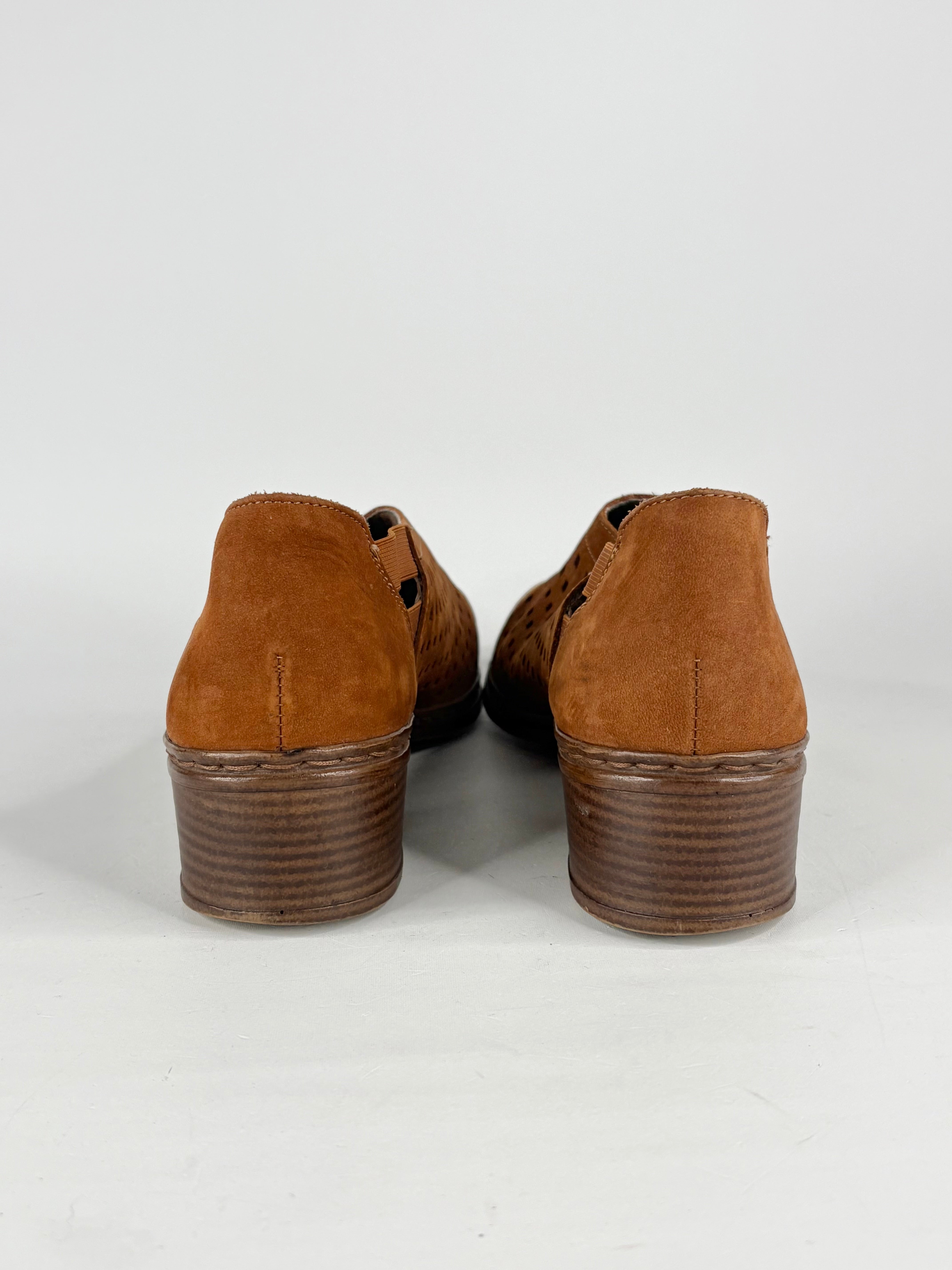 Rieker Tan Leather Perforated Slip Ons - EU42