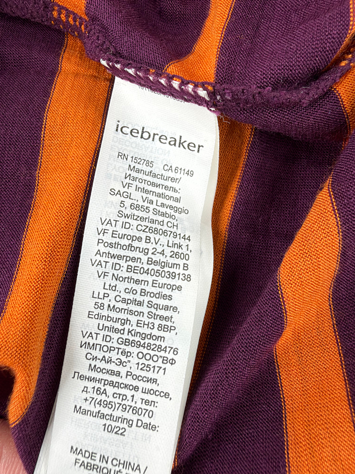 Icebreaker Orange and Purple 150 Cool-Lite Stripe T-Shirt - L