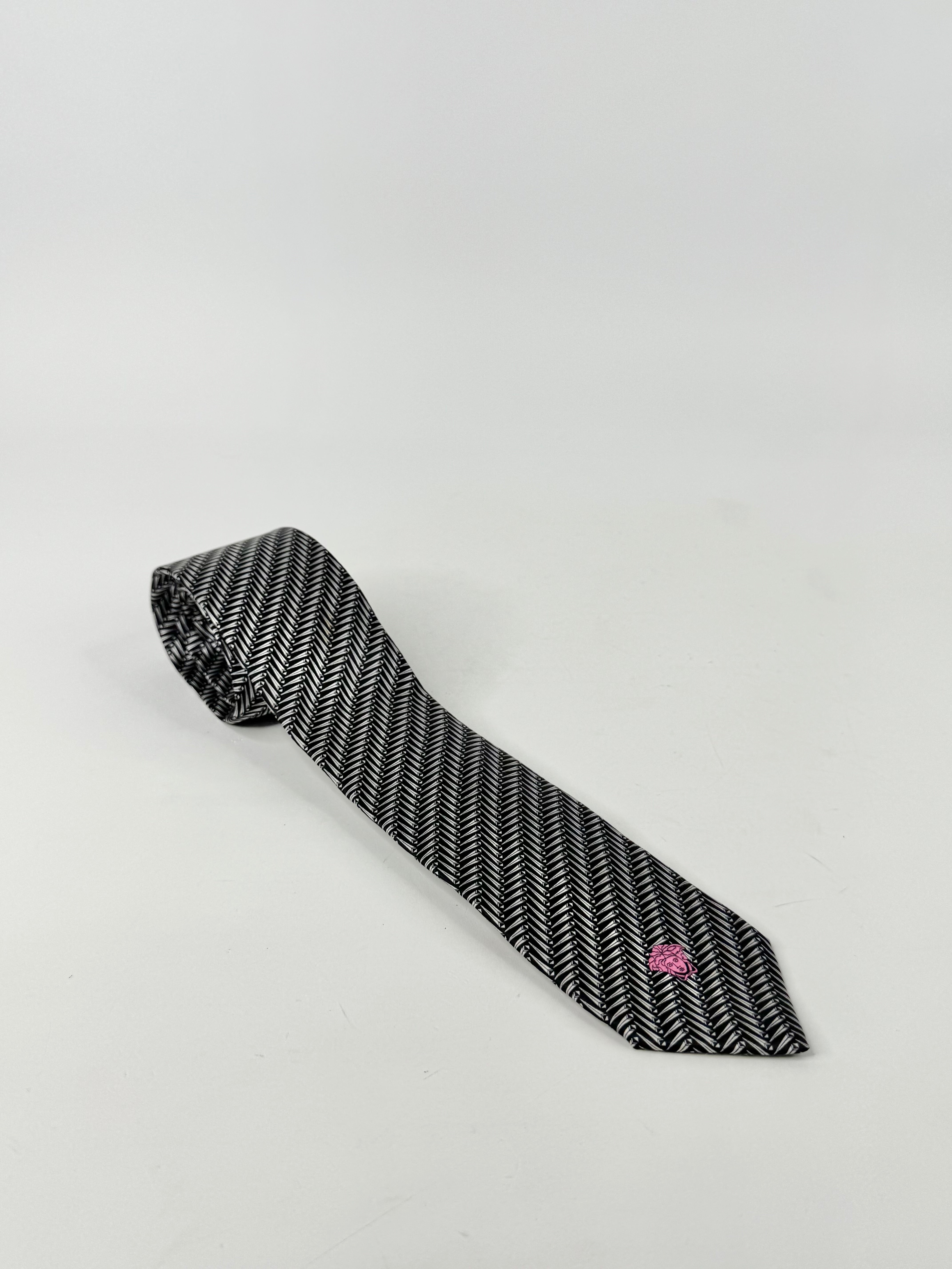 Versace Black & White Patterned Silk Tie