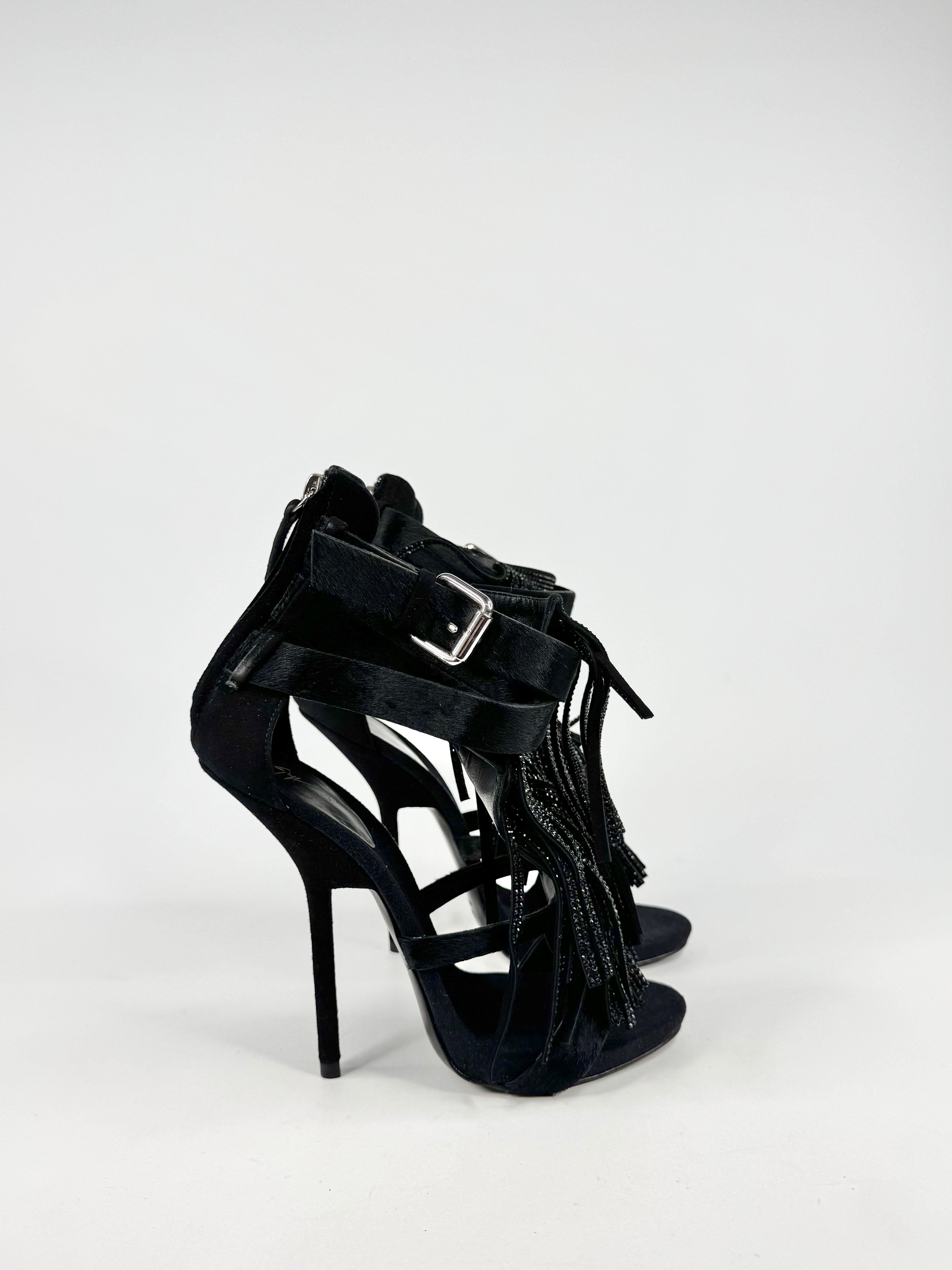 Giuseppe Zanotti Black Swarovski Embellished Fringed Leather Stilettos - EU39