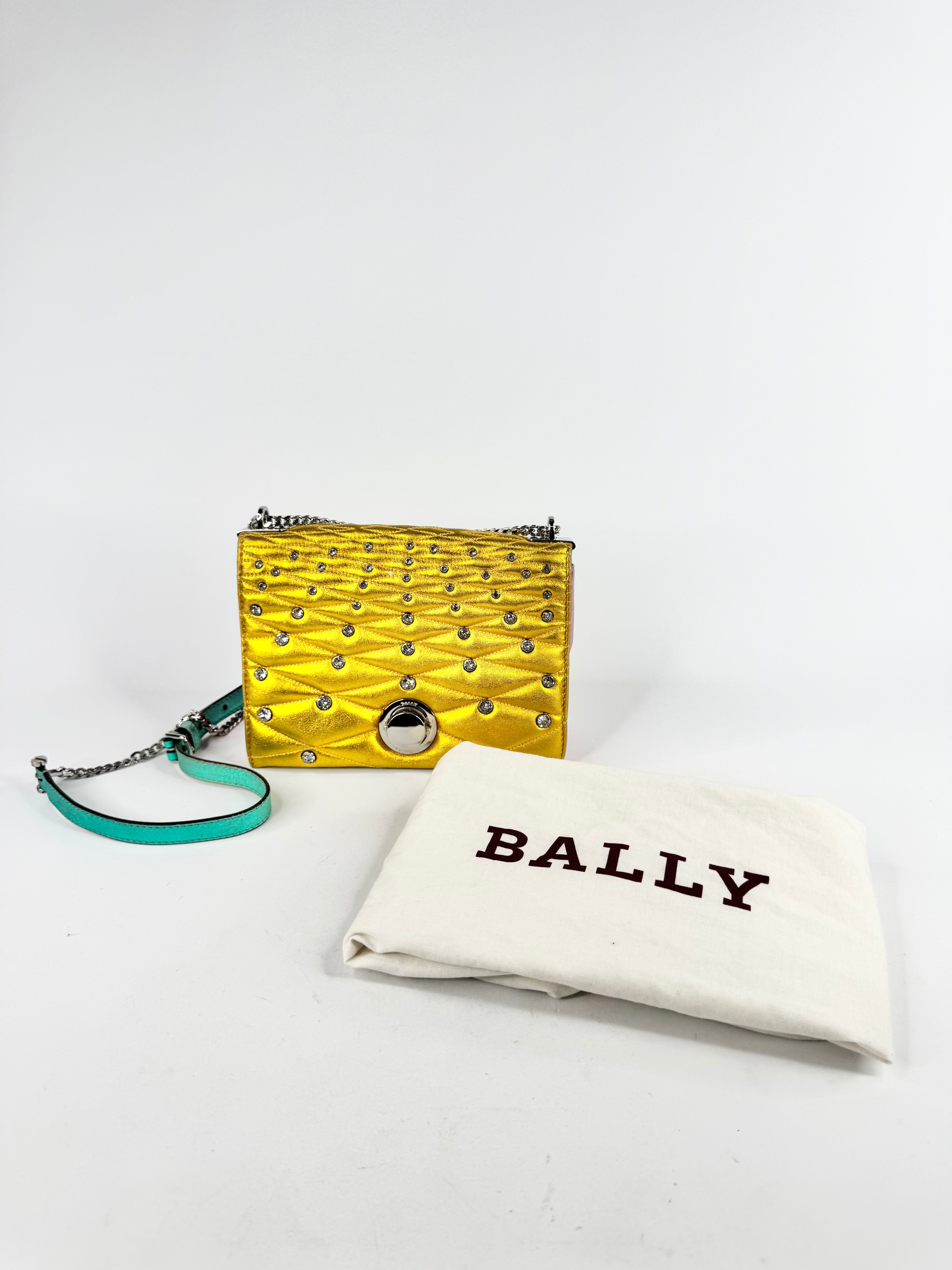 Bally Metallic Gold Crystal Studded Leather Shoulder Bag