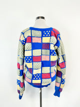 Vintage 70s Blue, Grey & Pink 3D Knitted Cardigan - AU12