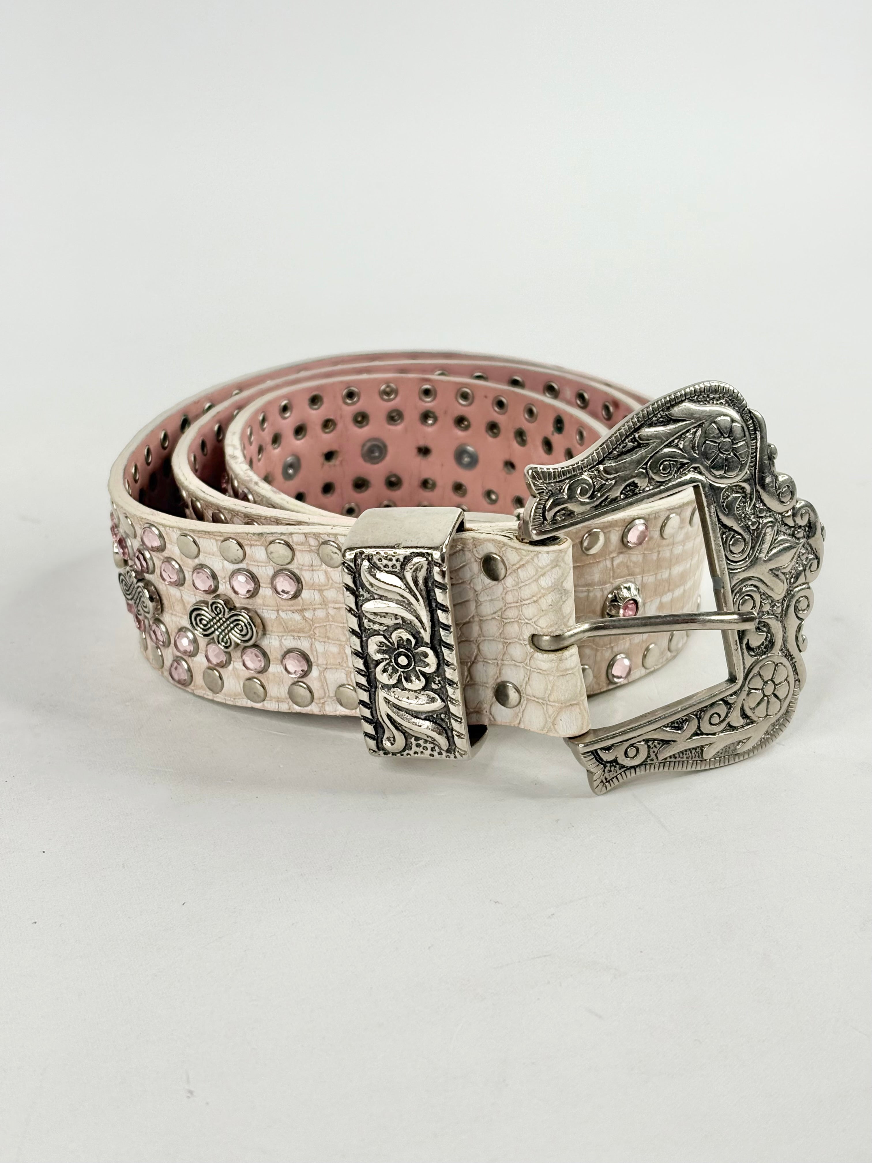 Vintage Nanni Dusty Pink & White Leather Bejeweled Belt