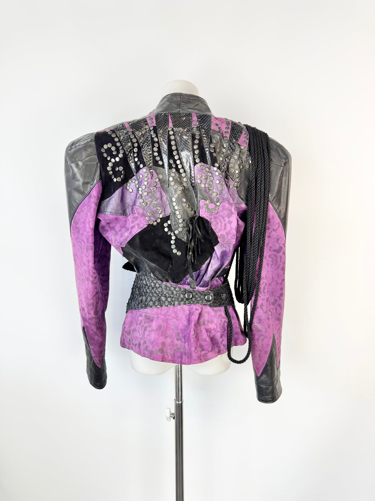 Vintage 80s Rockets & Reptiles Purple & Black Embellished Leather Jacket - AU8/10