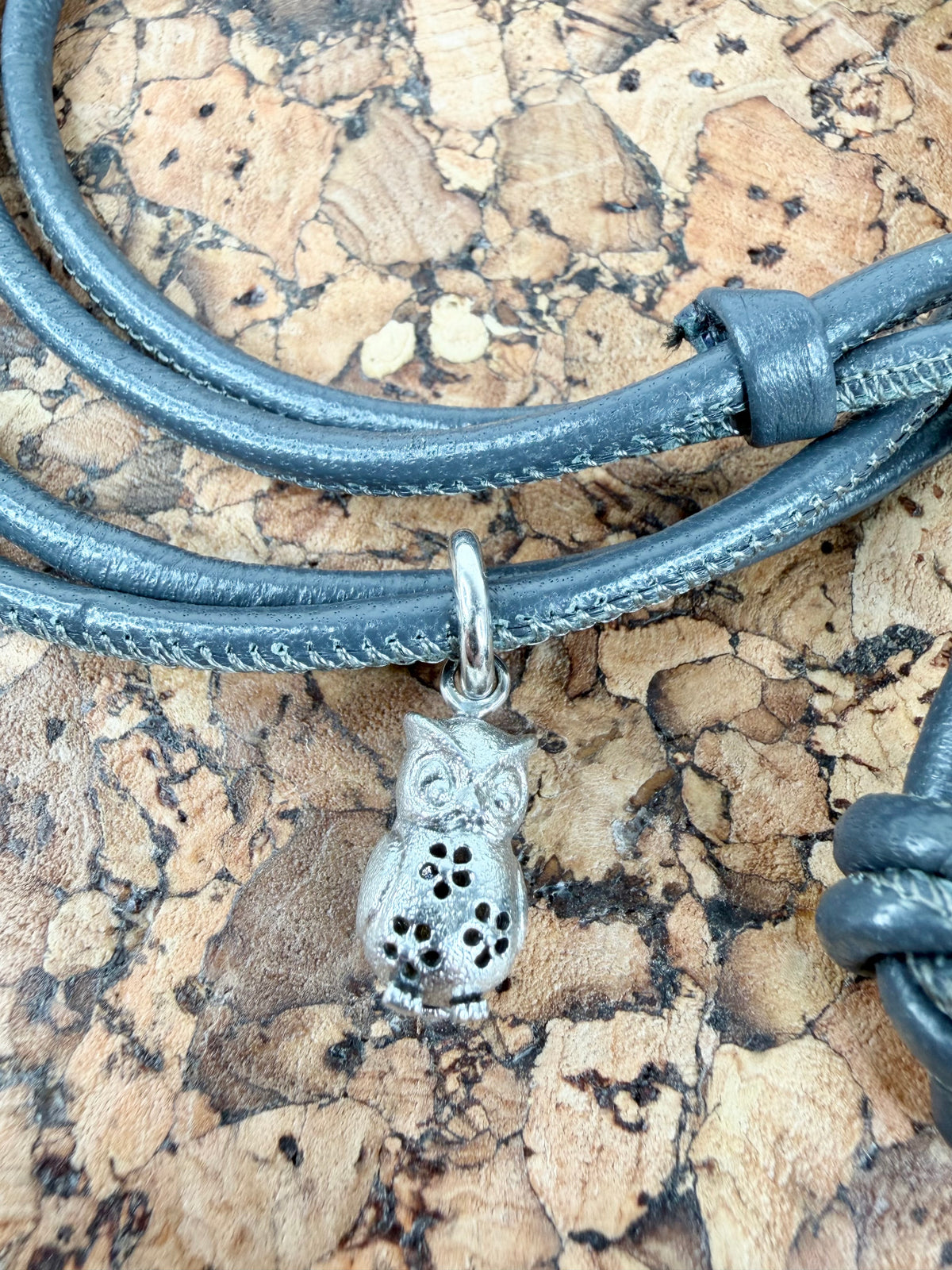 Blossom Copenhagen Small Silver Owl Pendant on Grey Leather