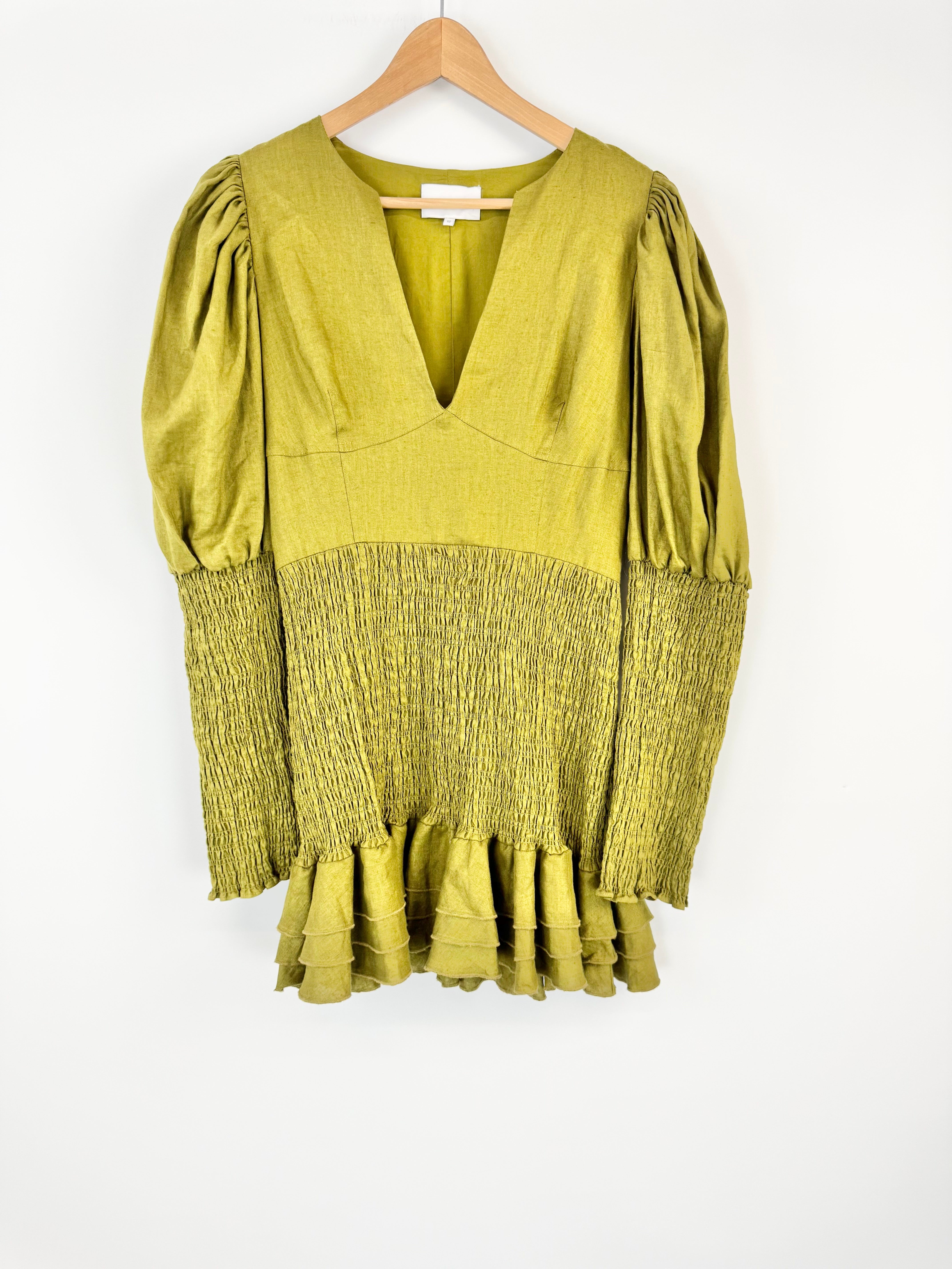 Joslin Olive Green Shirred Midi Dress - AU12