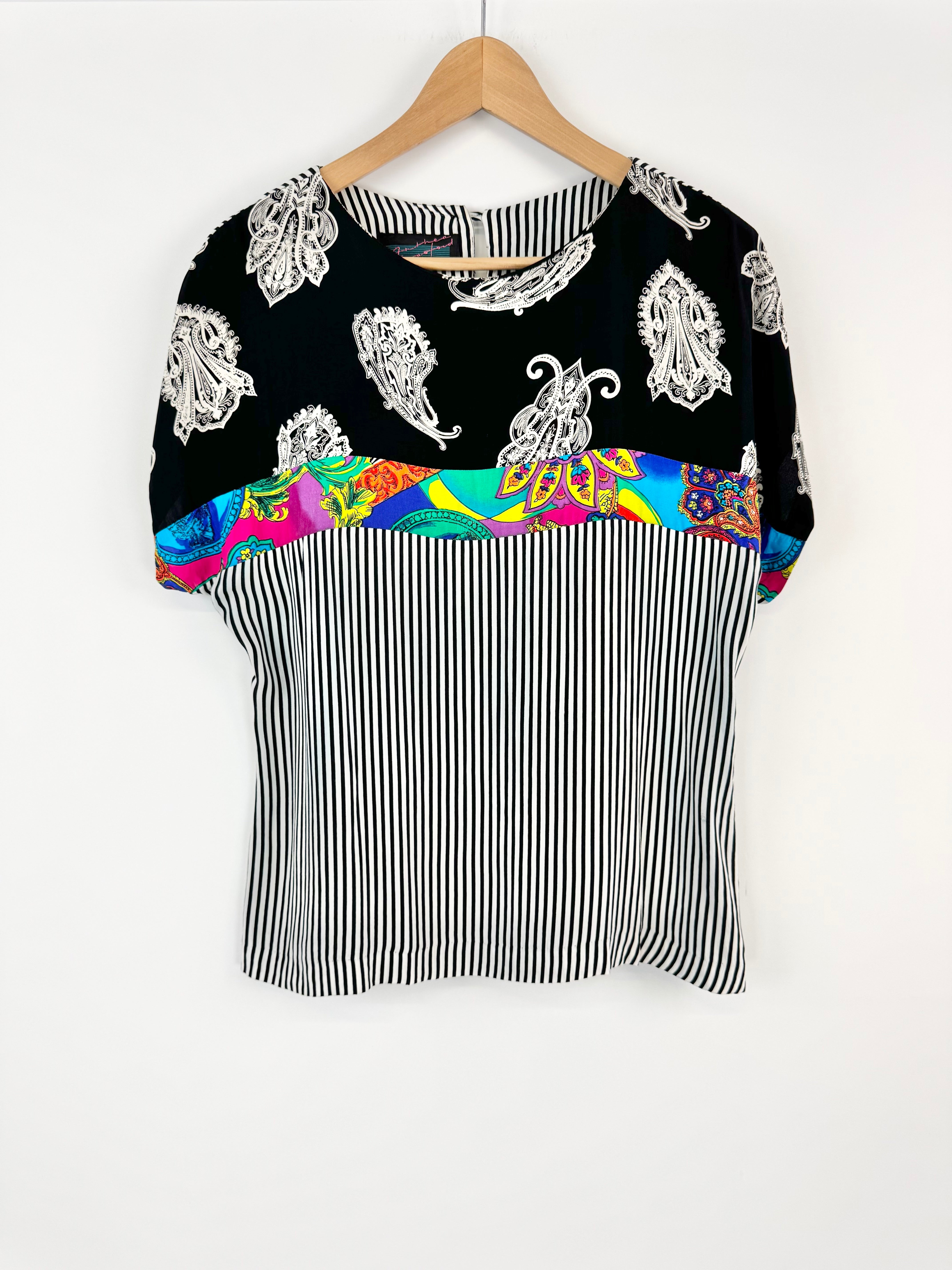 Anthea Crawford Black & White Stripe & Paisley Pattern Top - AU10/12