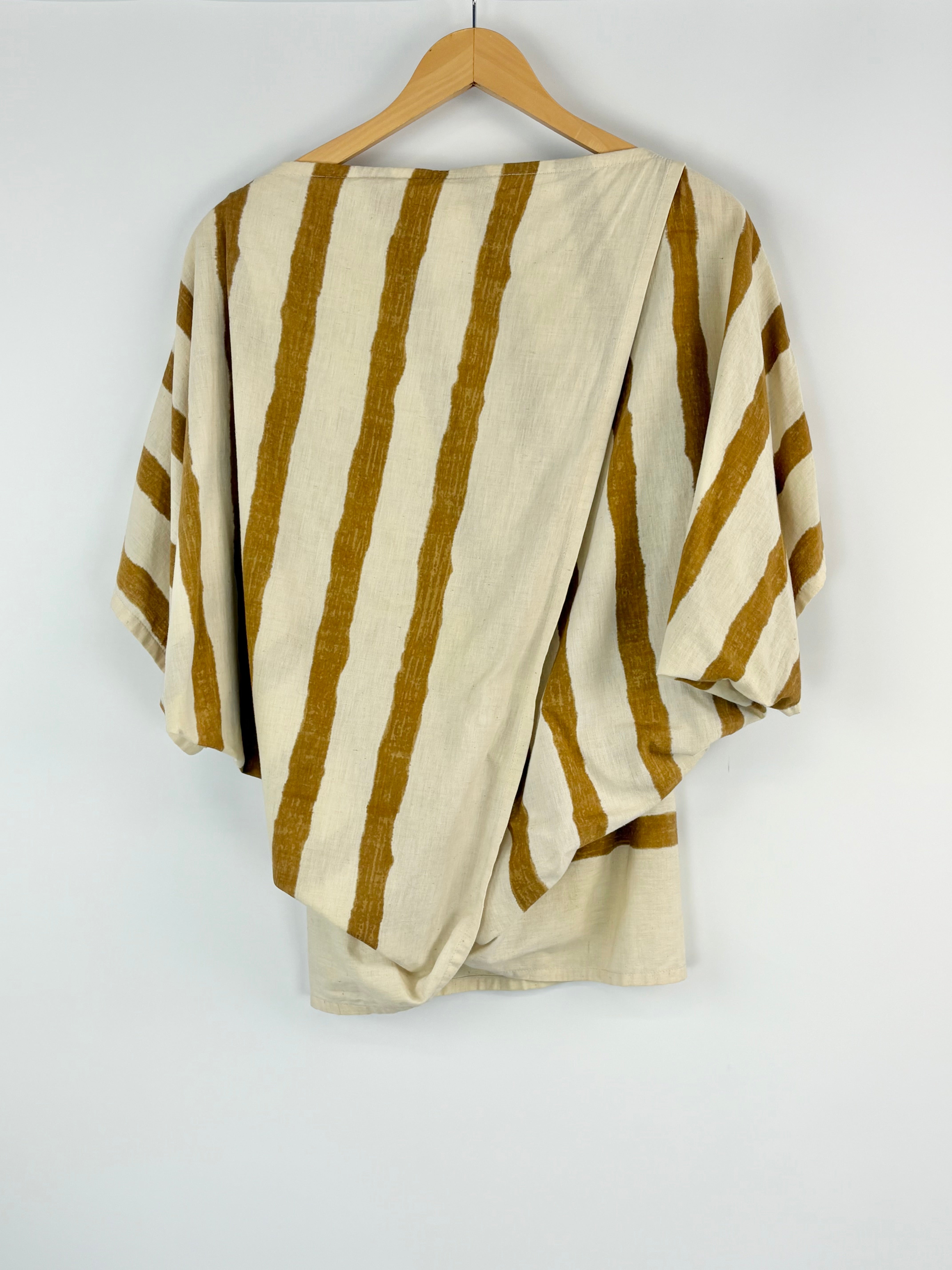 Vintage 80s Issey Miyake Beige Striped Boxy-Fit Top - M