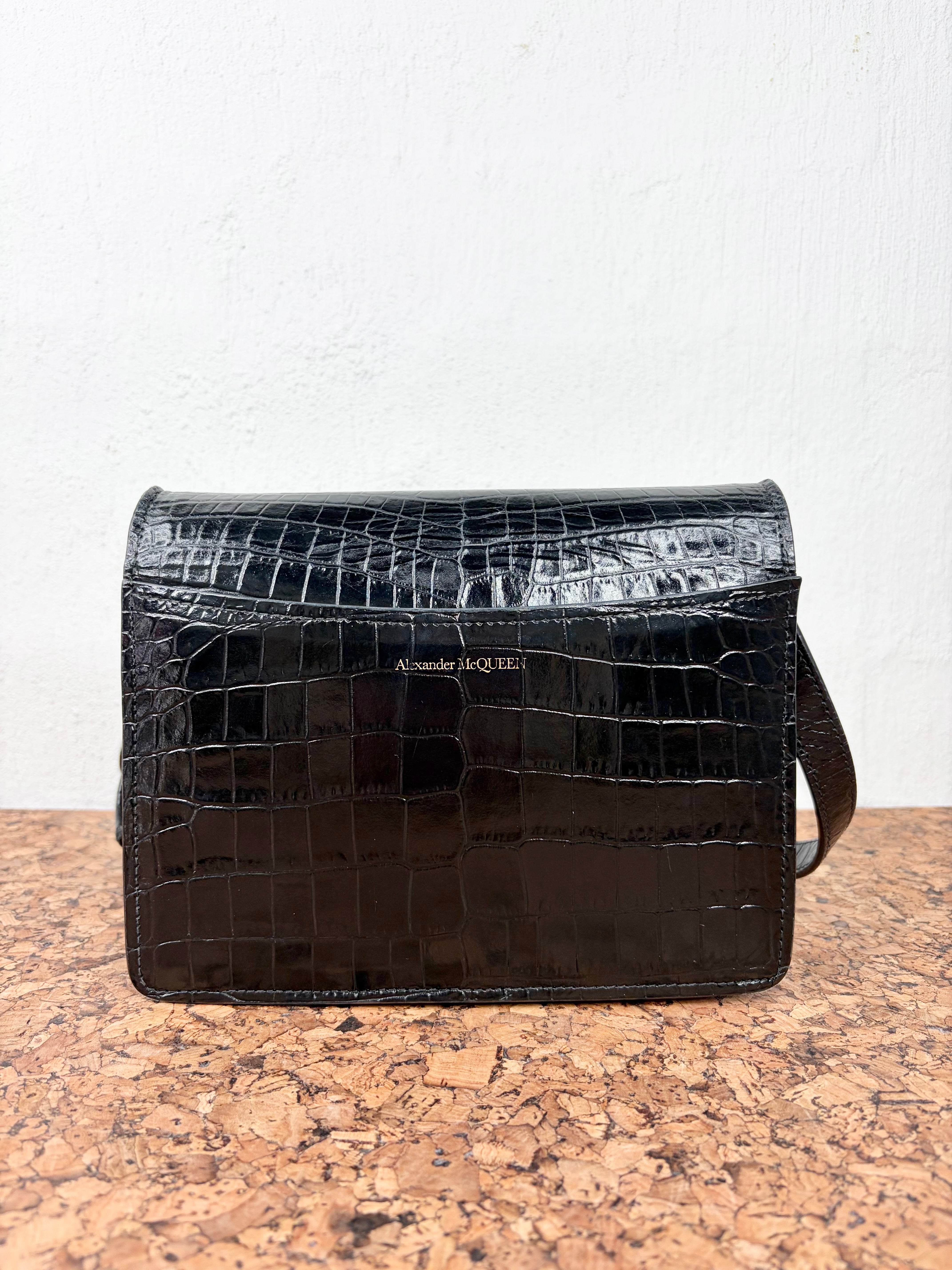 Alexander McQueen Black Croc Embossed 4 Ring Satchel