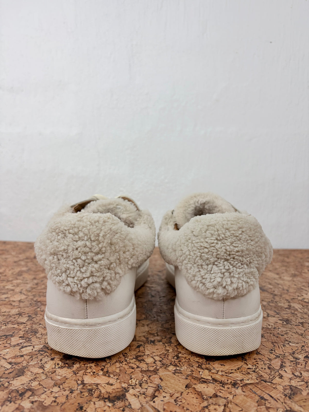 See by Chloé Ecru Shearling Trim Leather Lace Up Sneakers - EU40