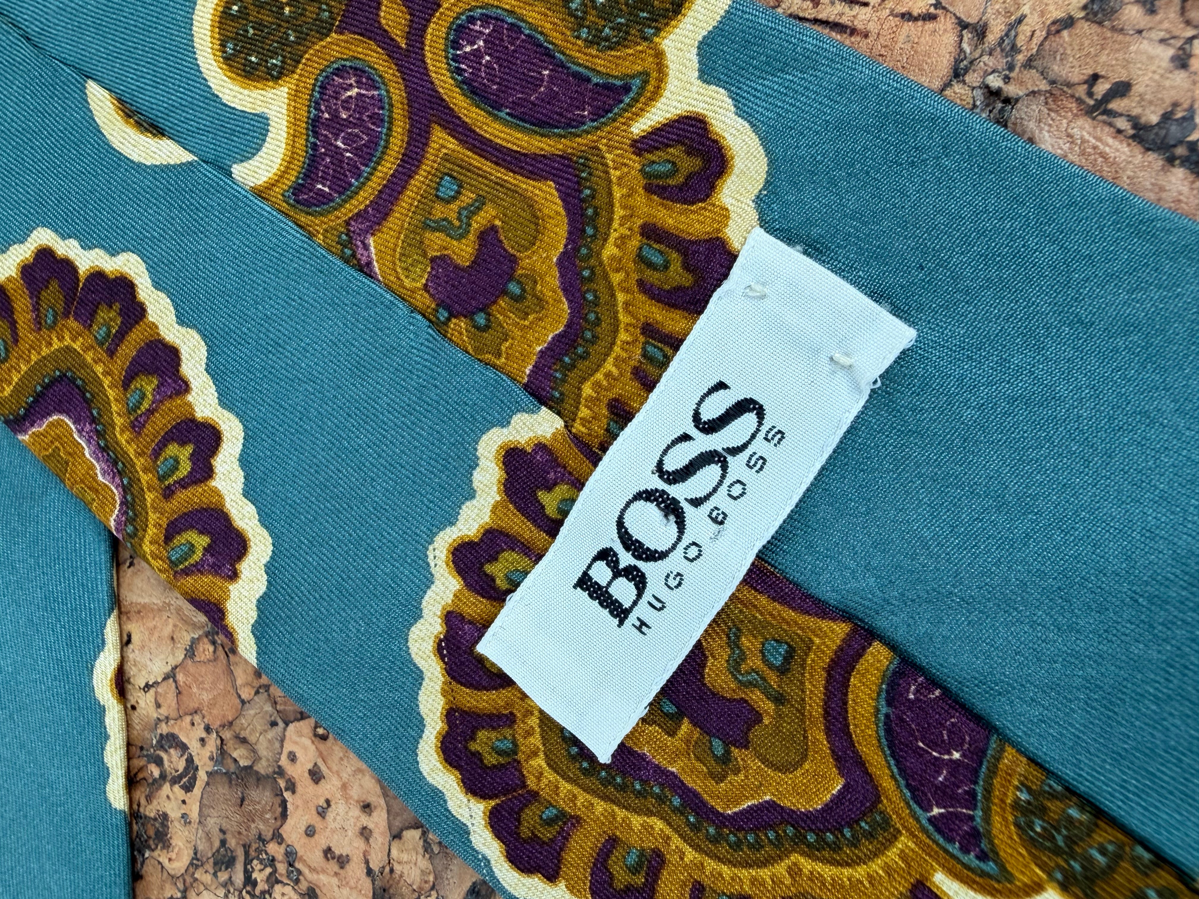 Hugo Boss Teal & Antique Gold Patterned Silk Tie