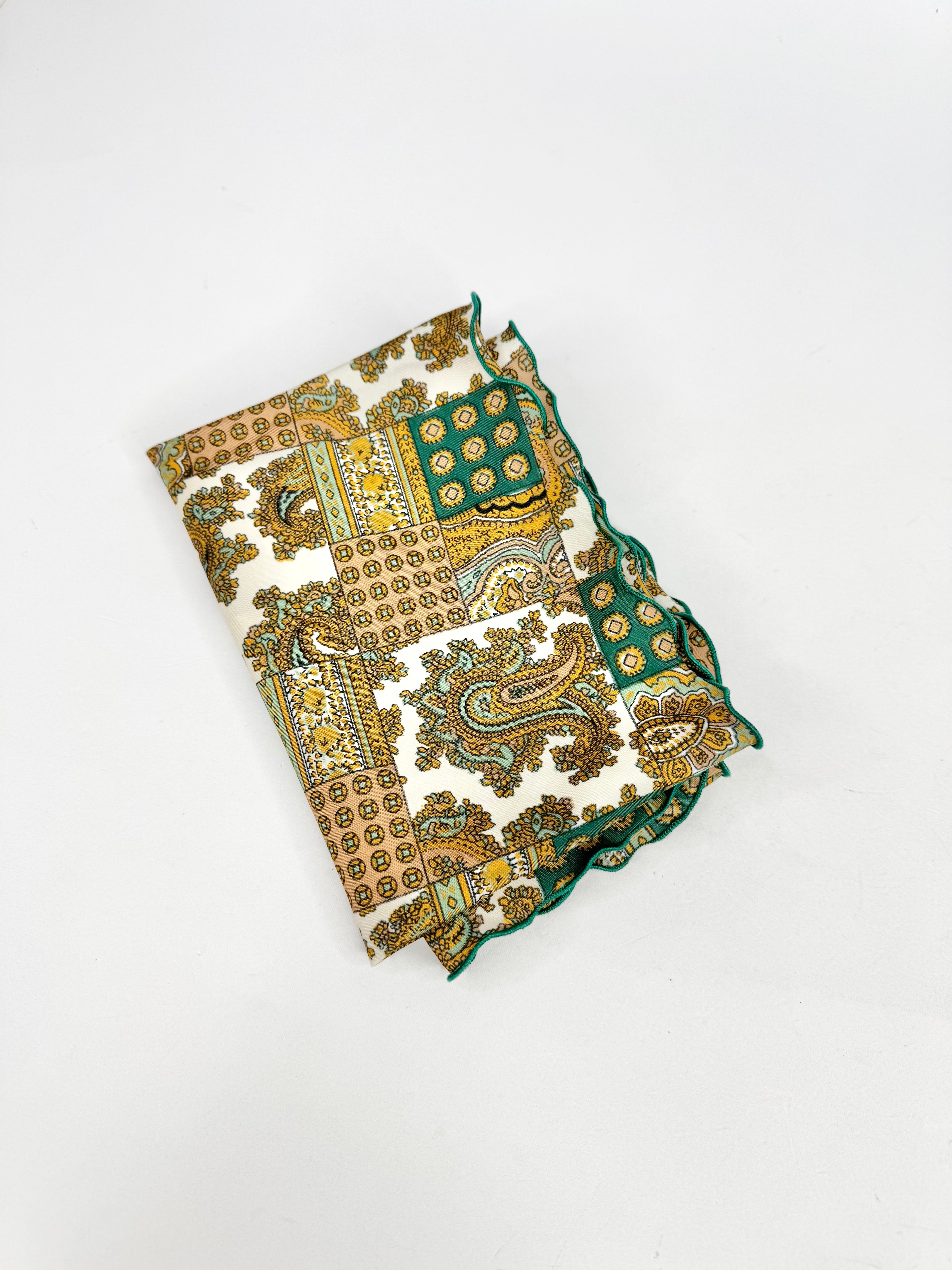MFW Vintage 70s Green Paisley Pattern Lettuce Hem Scarf