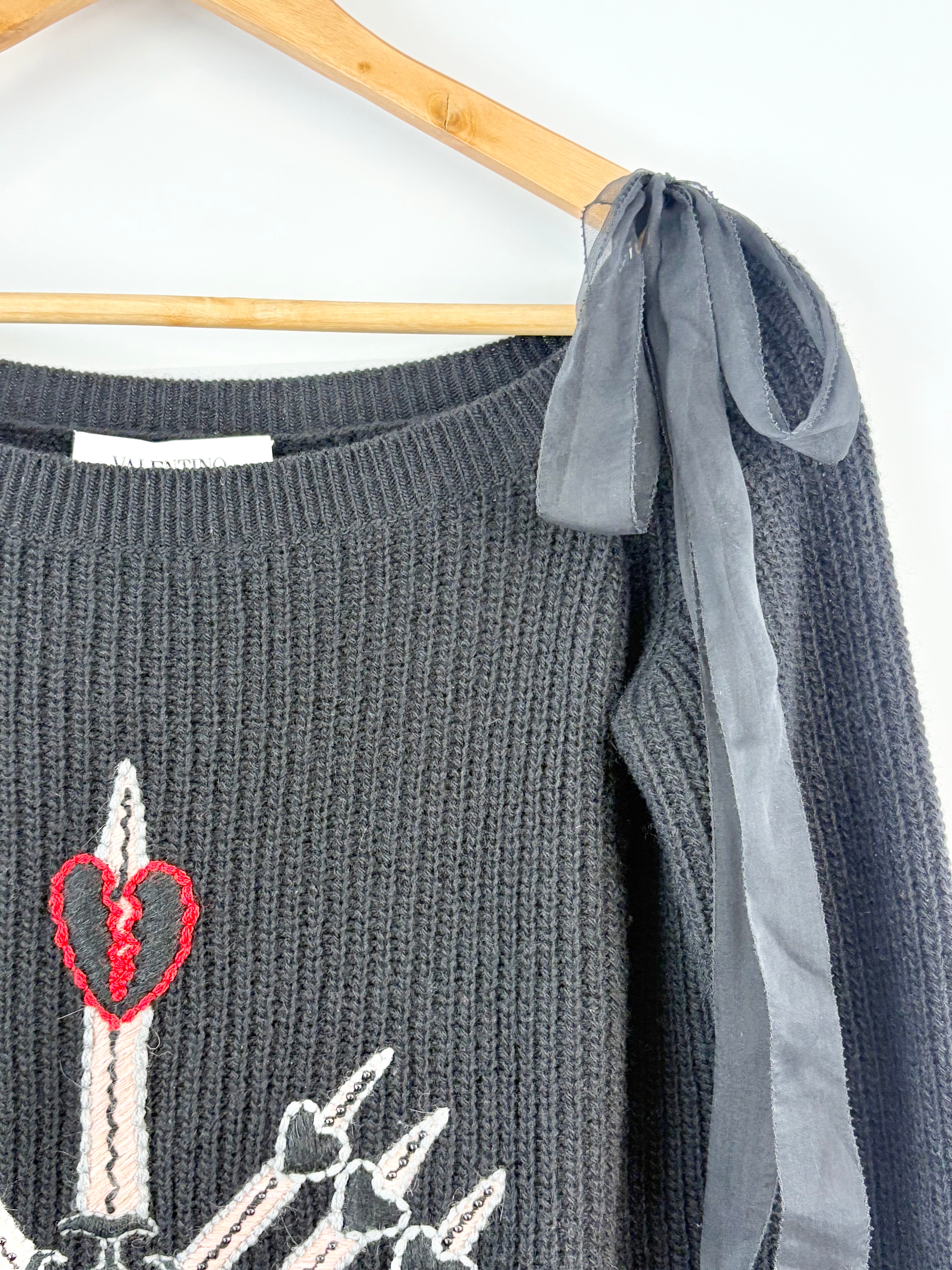 Valentino Black Ribbed Wool & Cashmere Blend 'Hearts & Daggers' Knit Sweater - AU8/10