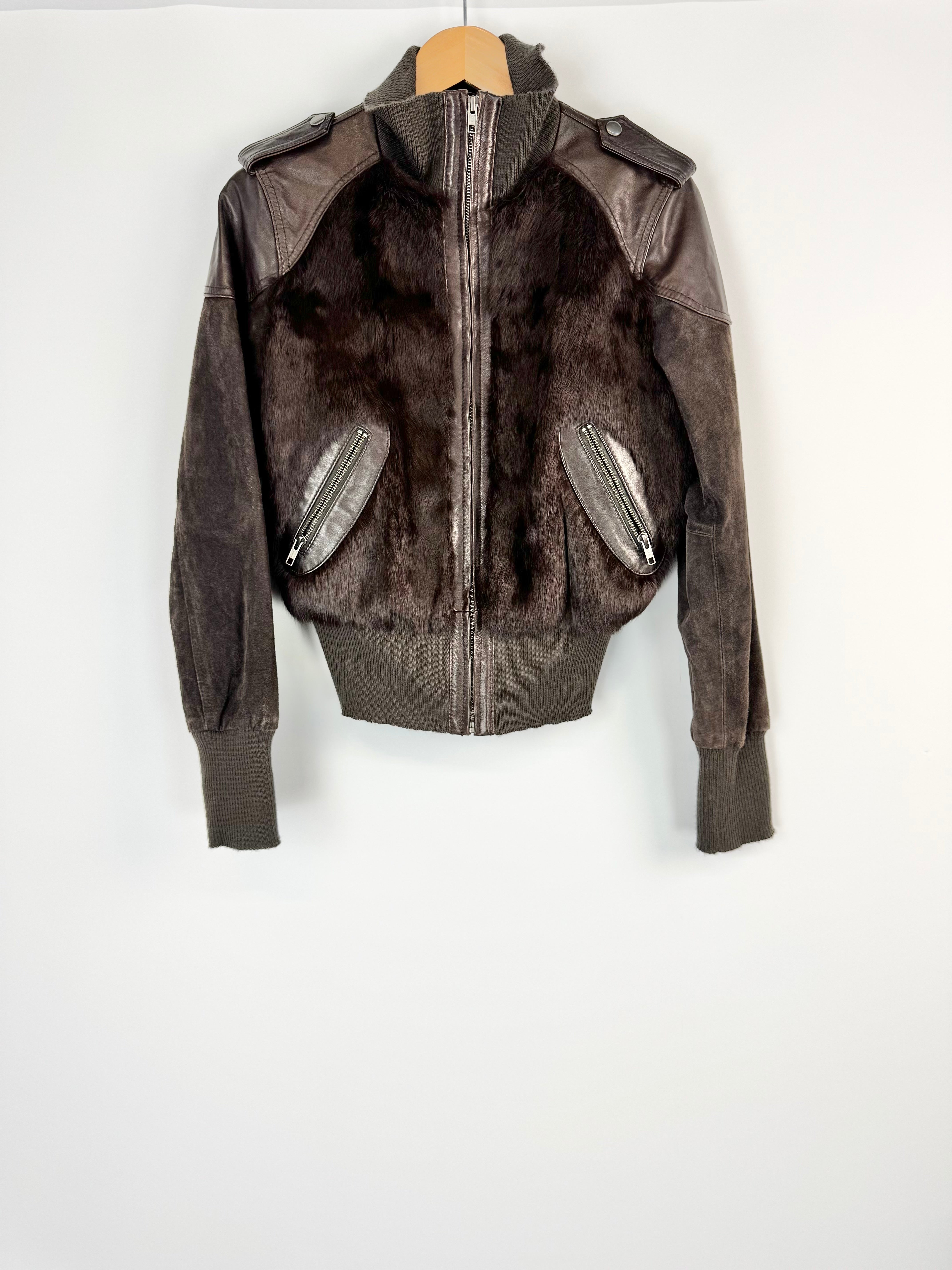Feathers Fur + Nubuck Brown Bomber Jacket - AU10