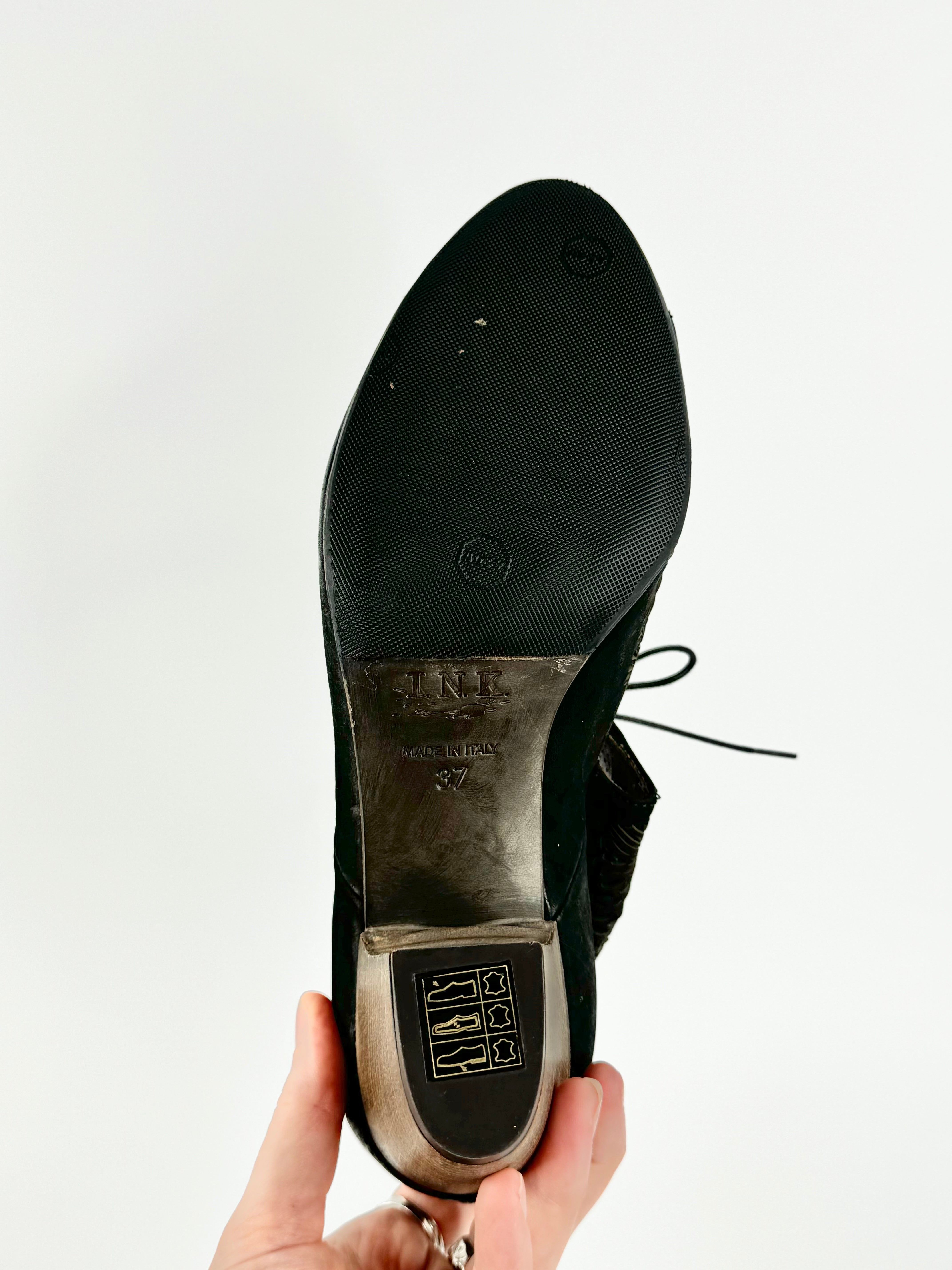 Ink Black Laser Cut Block Heels - EU37