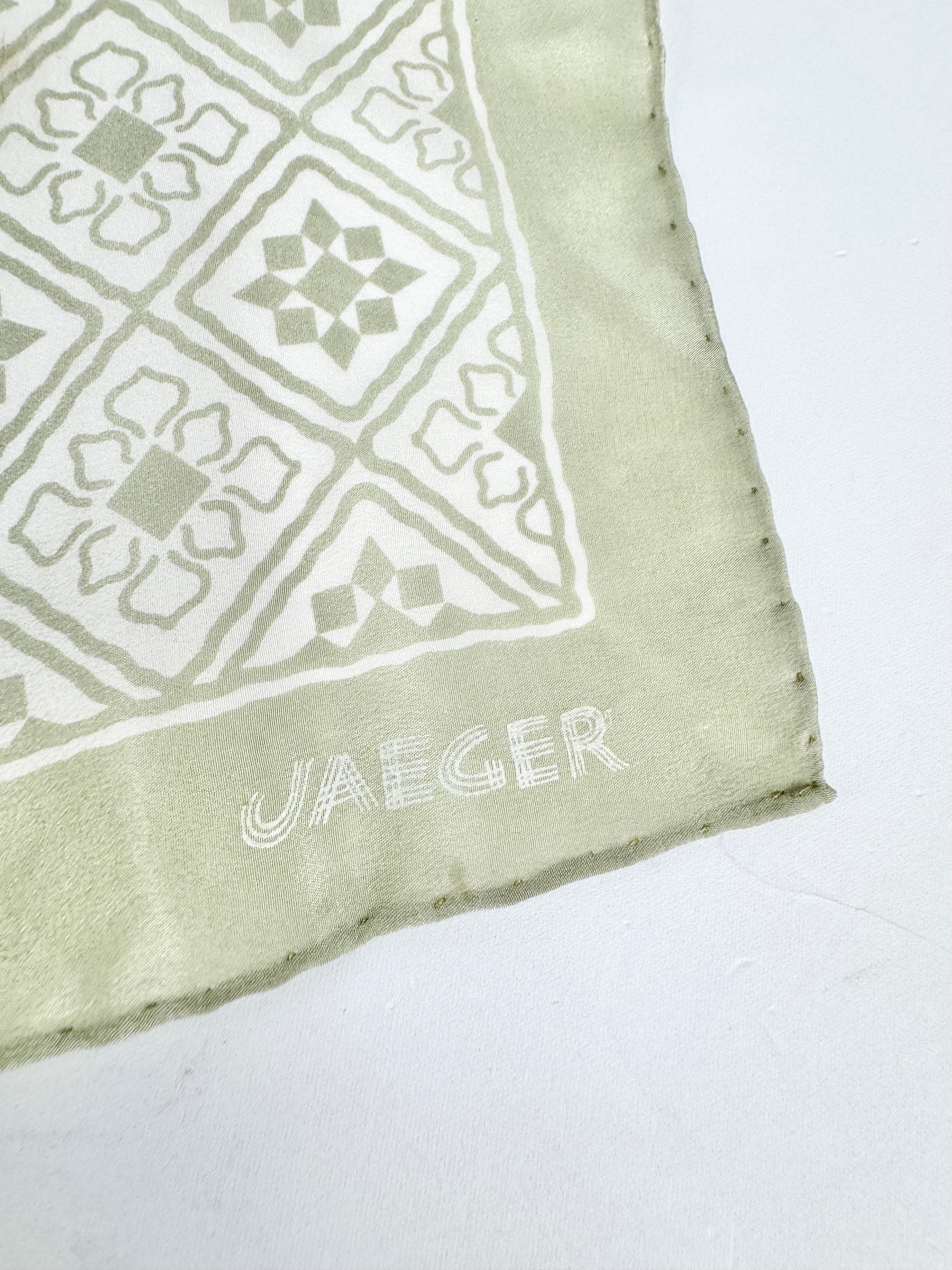 Vintage Jaeger Made Hand Rolled Long Cream & Green Silk Scarf