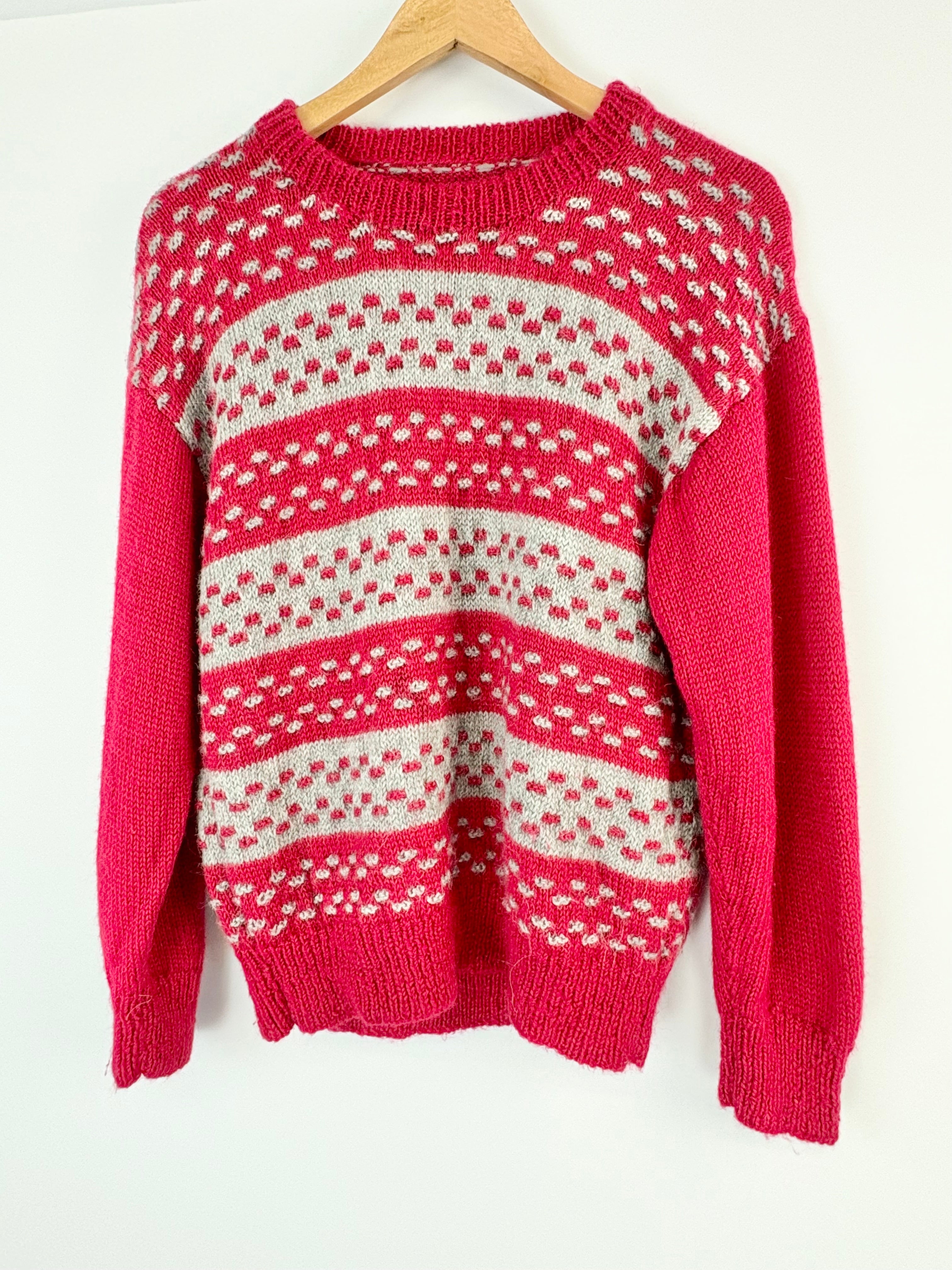 Handmade Vintage Red & Grey Alpaca Knit Sweater - AU10/12