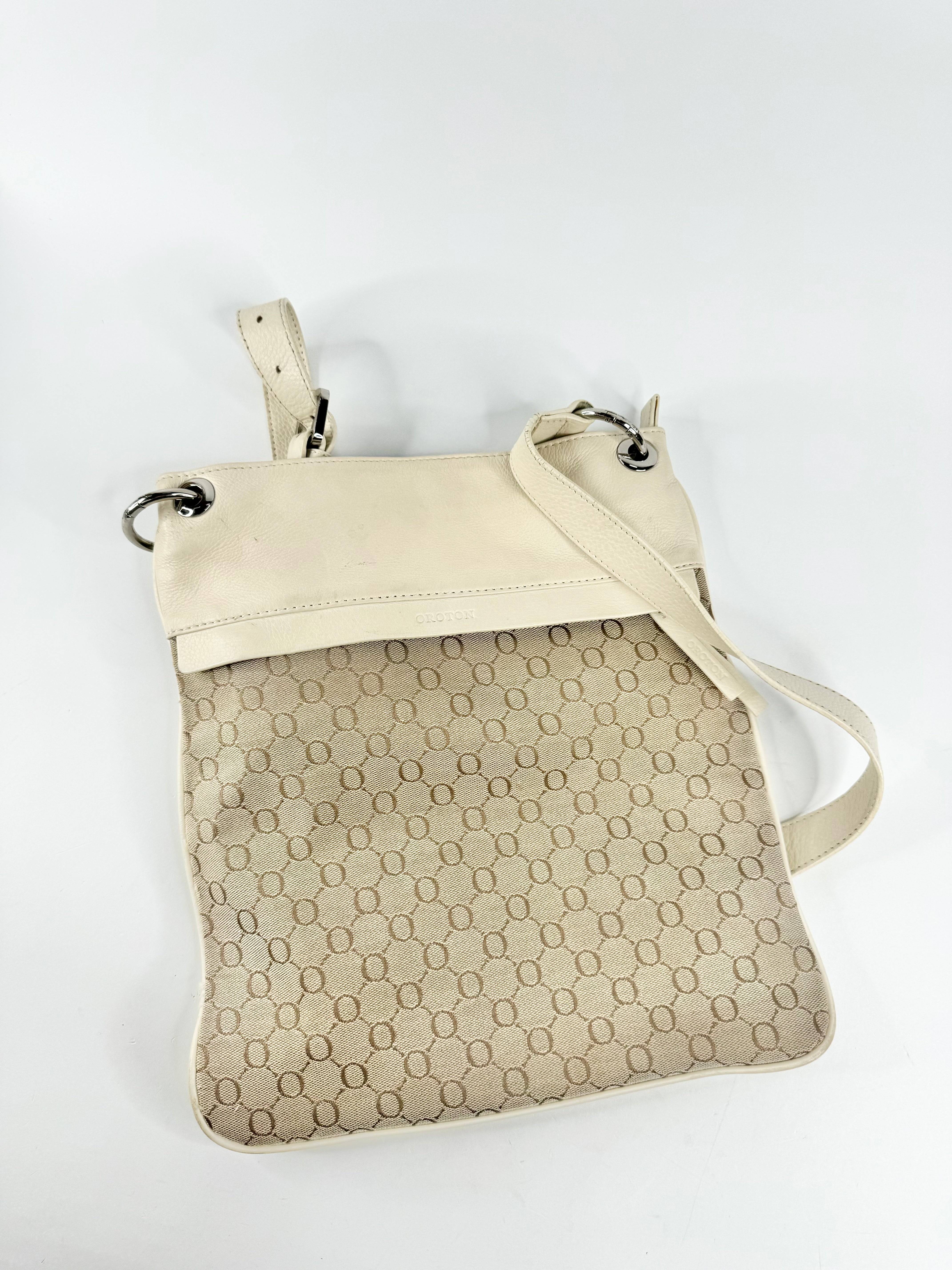 Oroton Cream Monogrammed Fabric & Leather Cross Body Bag