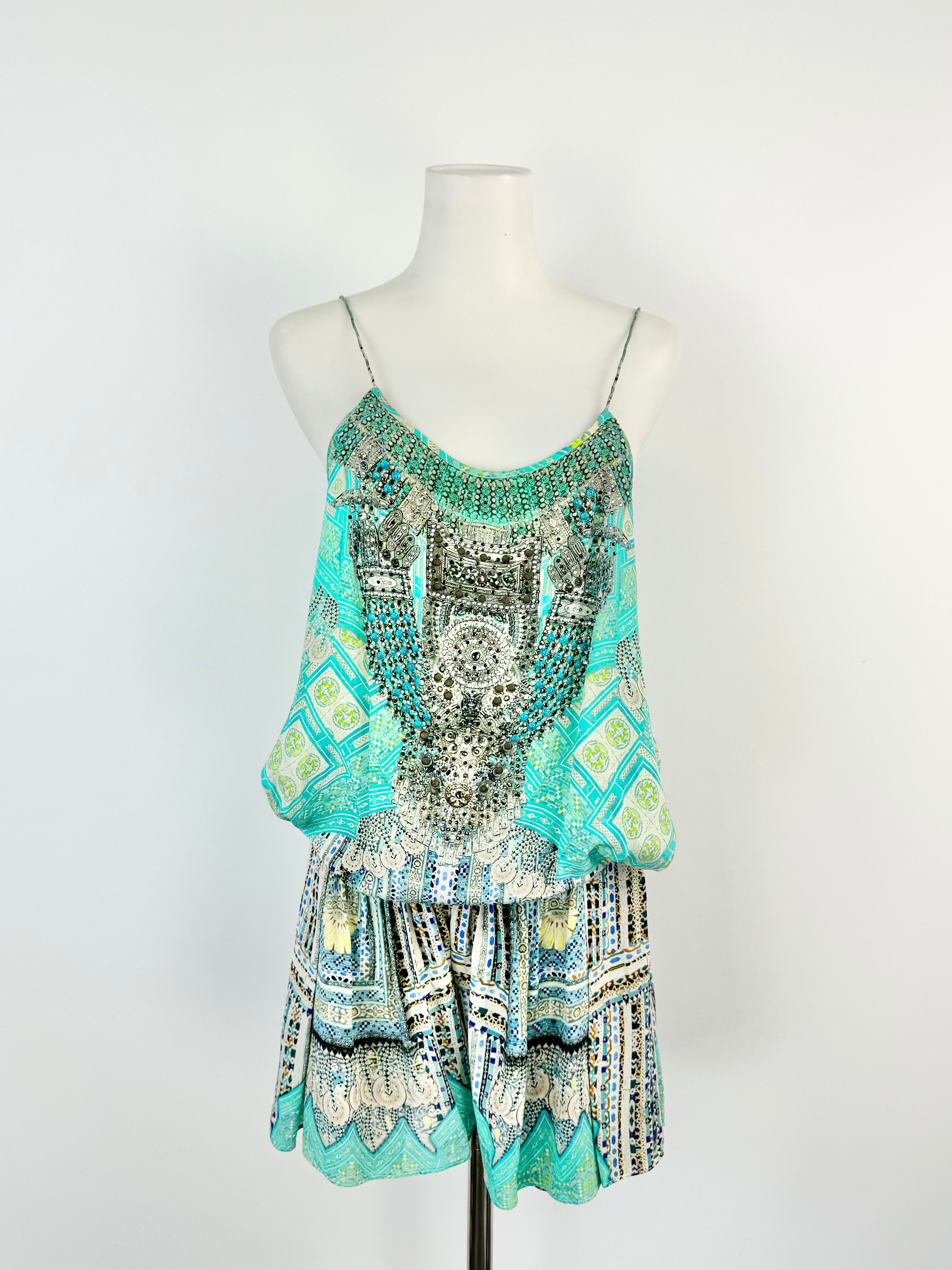 Camilla Aqua Geometric Silk Playsuit - AU10