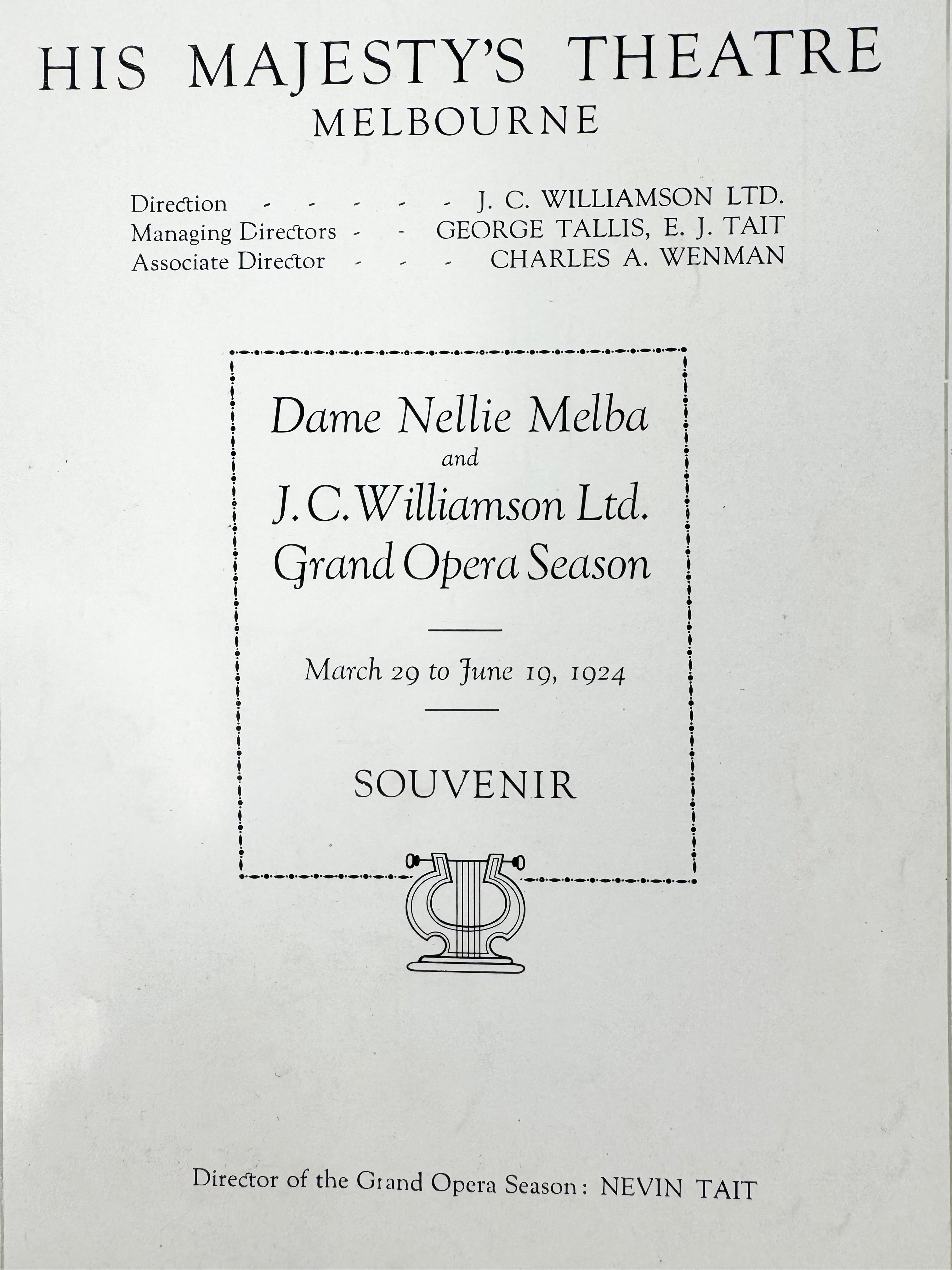 Programme - 'Grand 1924 Opera Season', Dame Nellie Melba & J.C. Williamson Program