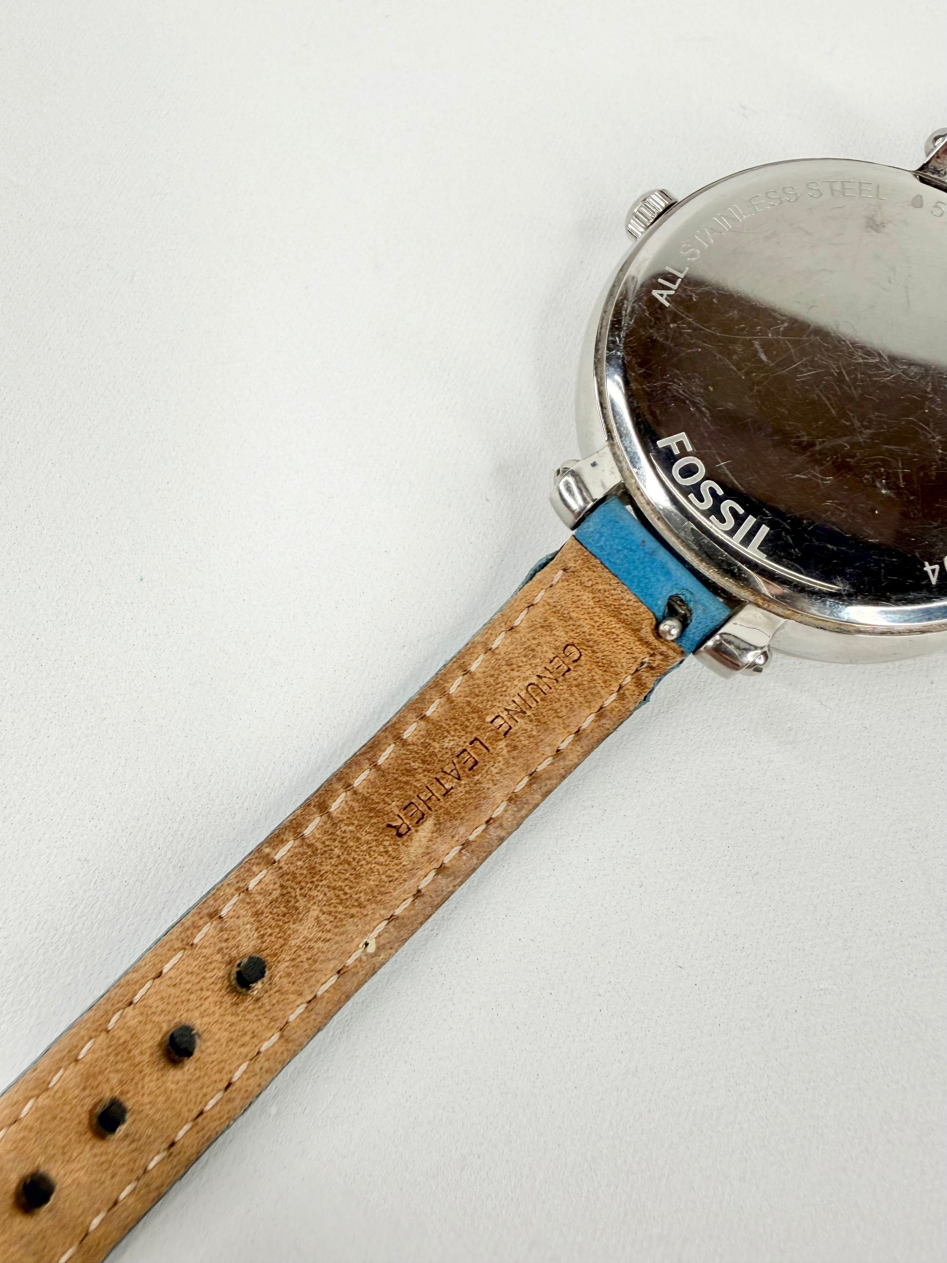 Fossil ES3279 Blue Leather Strap Silver Tone Watch