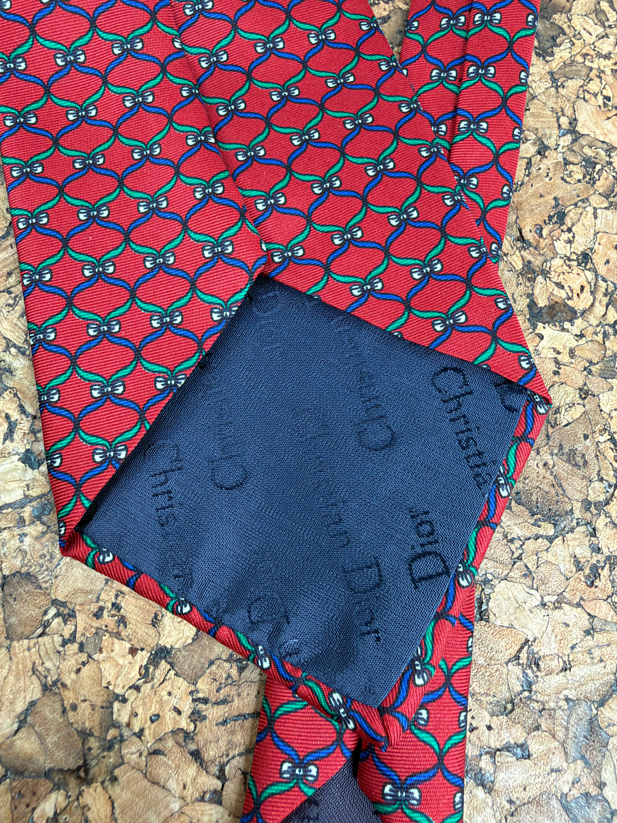Christian Dior Crimson Blue & Green Bow Patterned Silk Tie