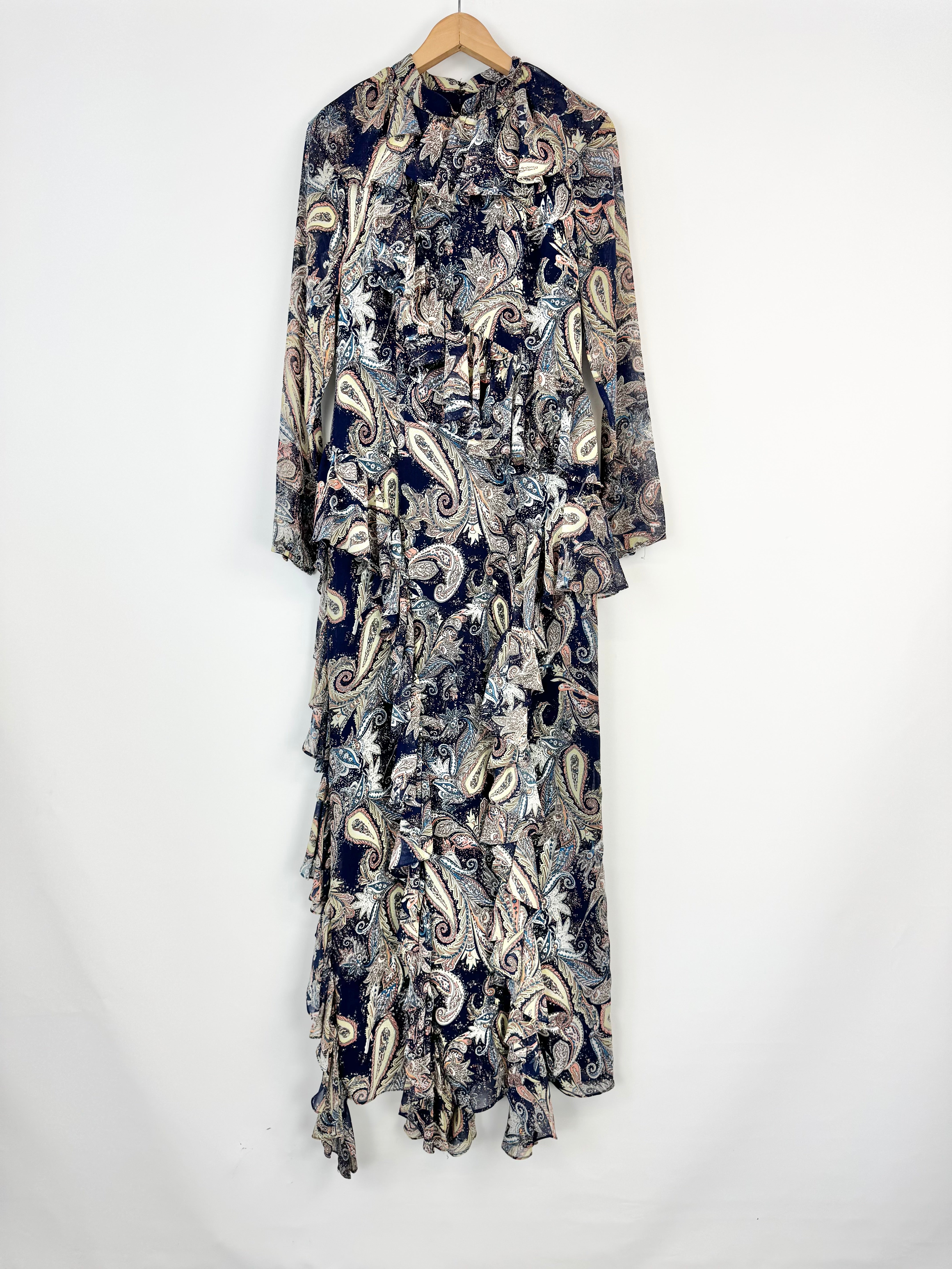 Mirael Aghal Dark Blue Paisley Pattern Ruffle Embellished Maxi Dress - AU6/8