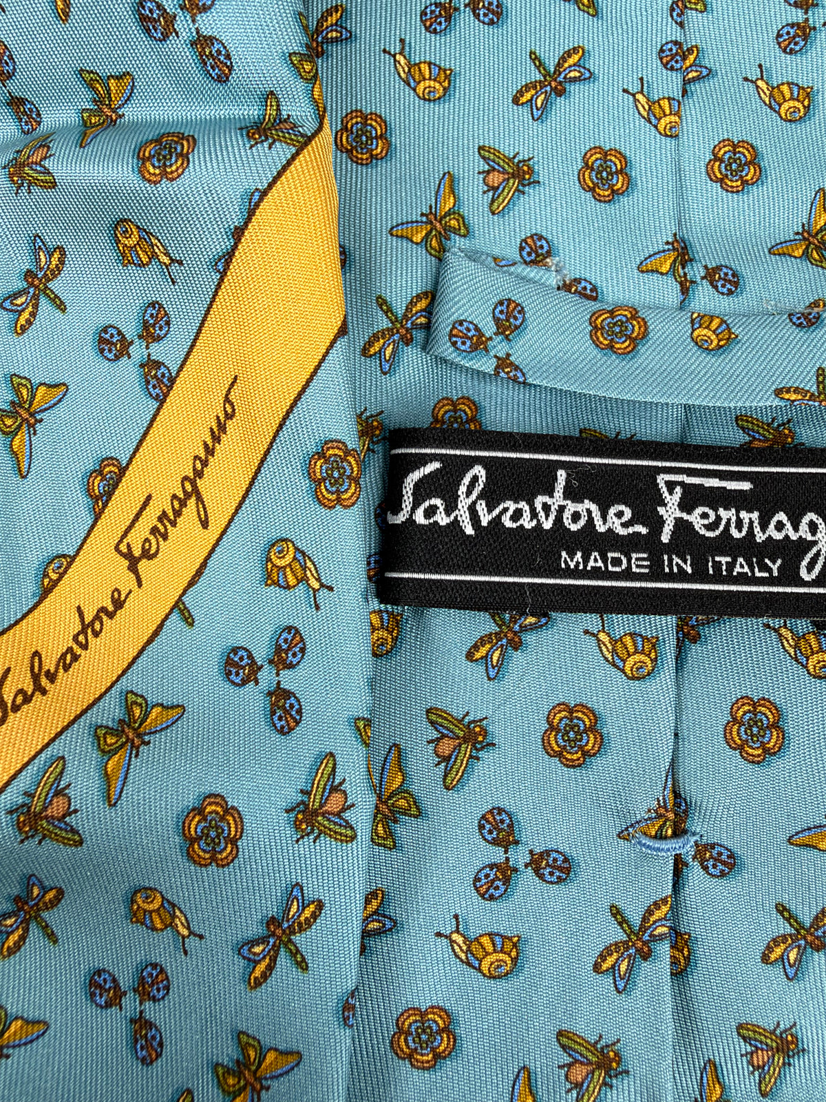 Salvatore Ferragamo Sky Blue Butterfly Bee and Snail Motif Silk Tie