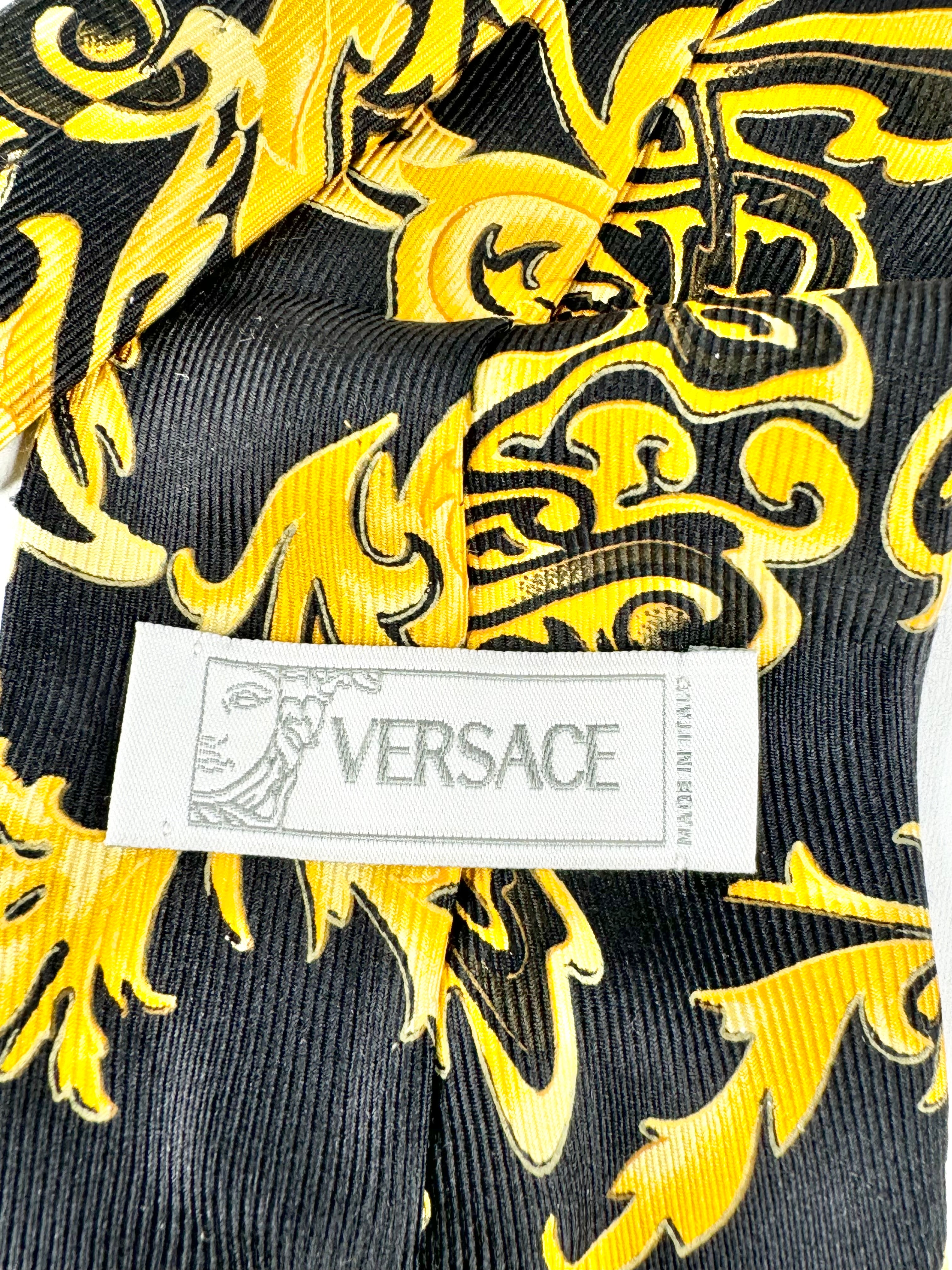 Versace Black & Gold Brocade Pattern Silk Tie