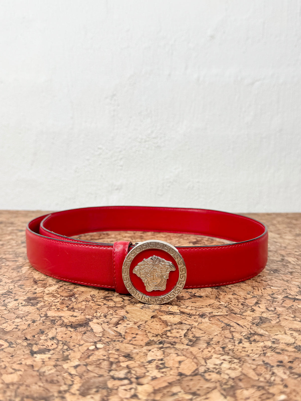 Vintage Versace Medusa & Greek Key Cherry Red Leather Belt