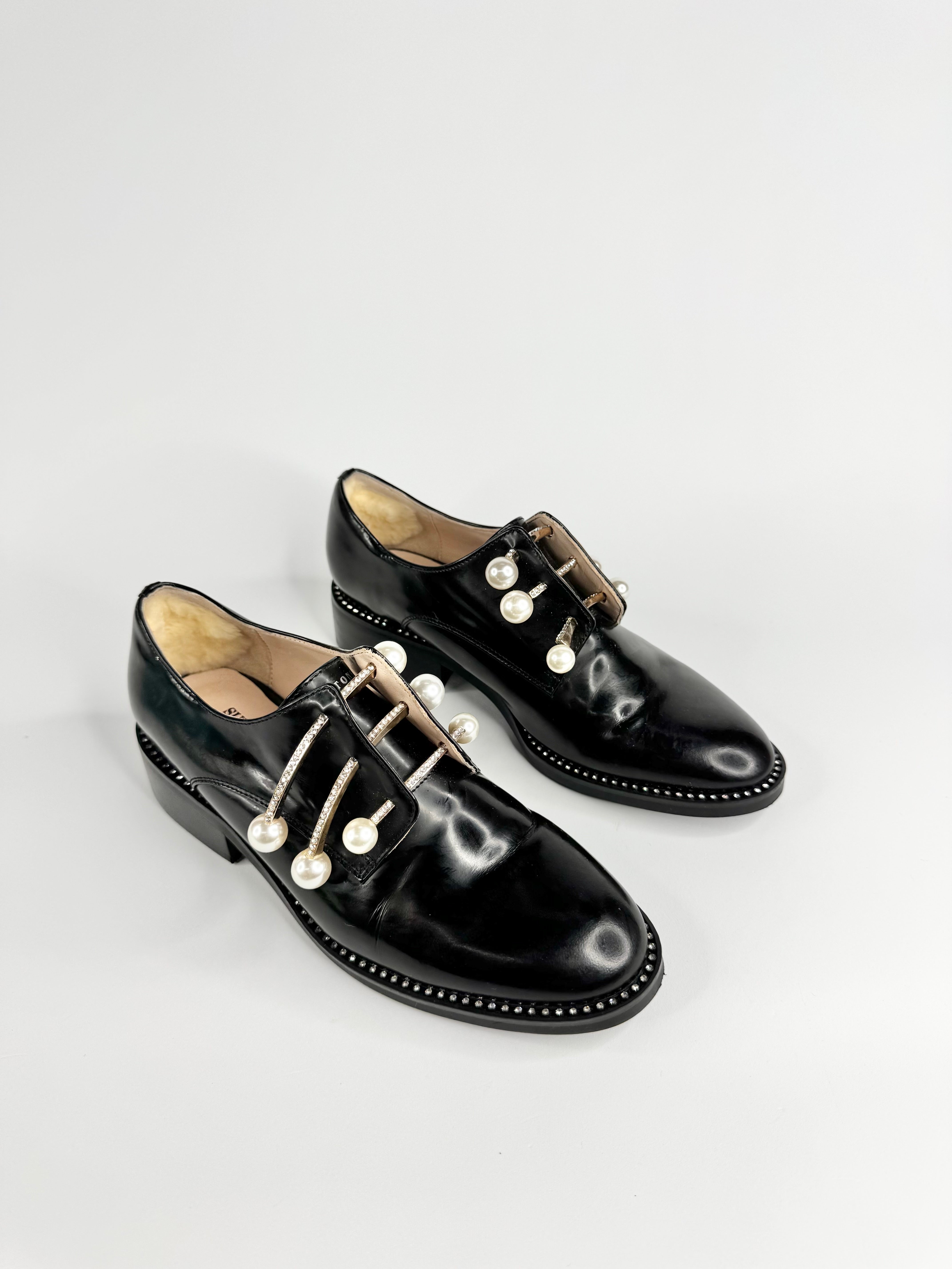 Suttonsnug Black Diamonte & Faux Pearl Embellished Loafers - EU35