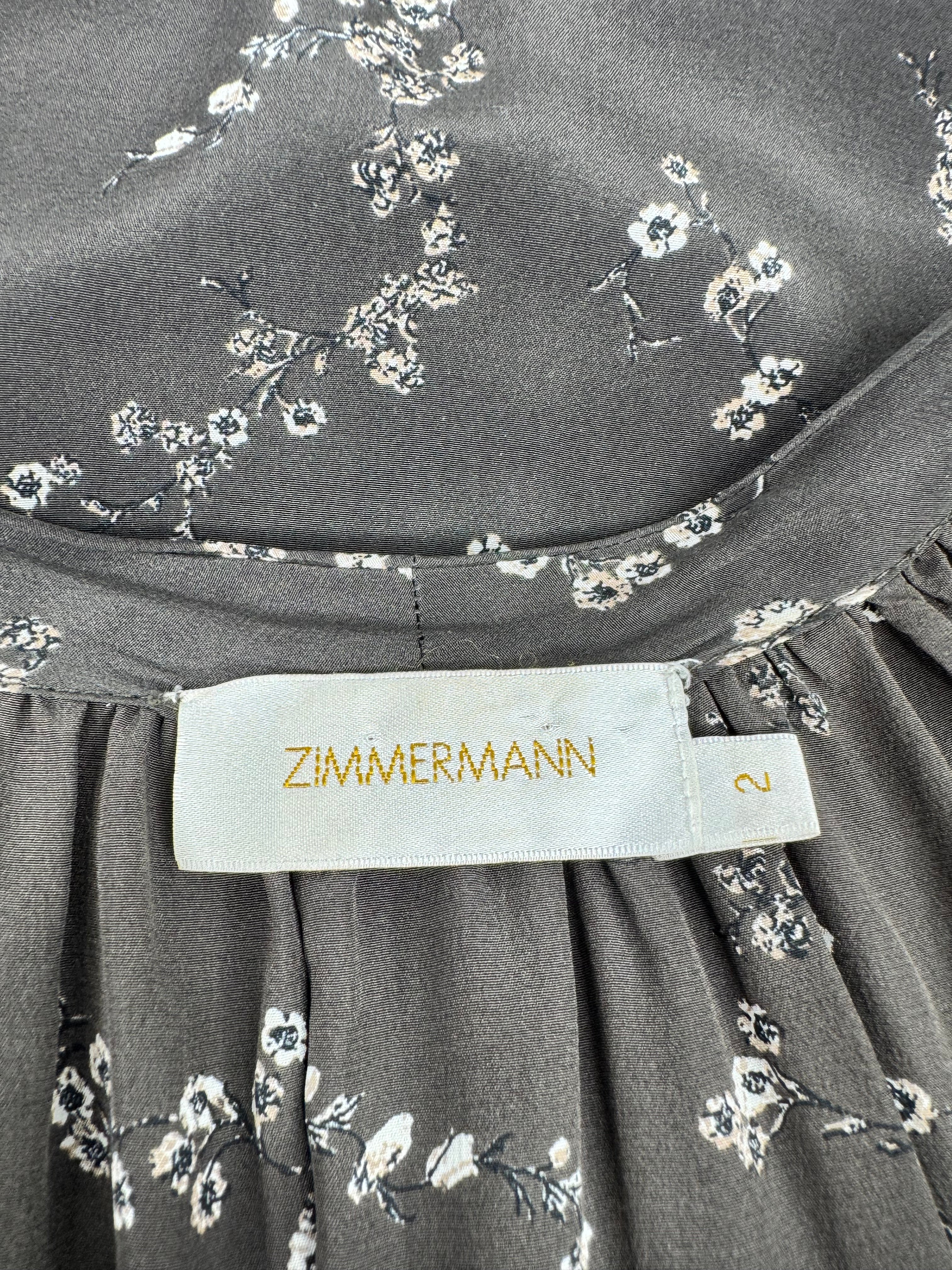 Zimmermann Charcoal Grey Blossom Patterned Pussy Bow Blouse - AU10