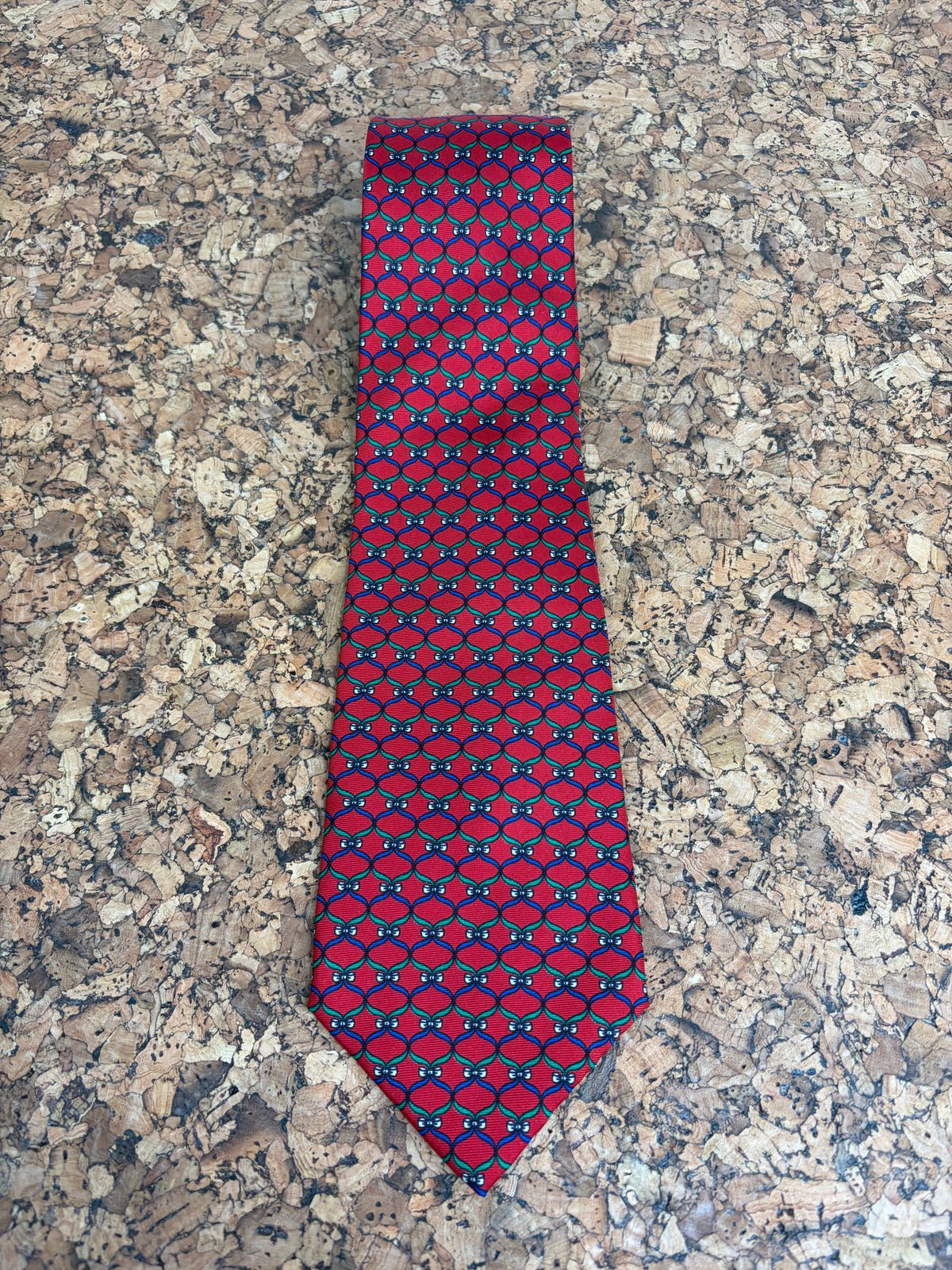 Christian Dior Crimson Blue & Green Bow Patterned Silk Tie