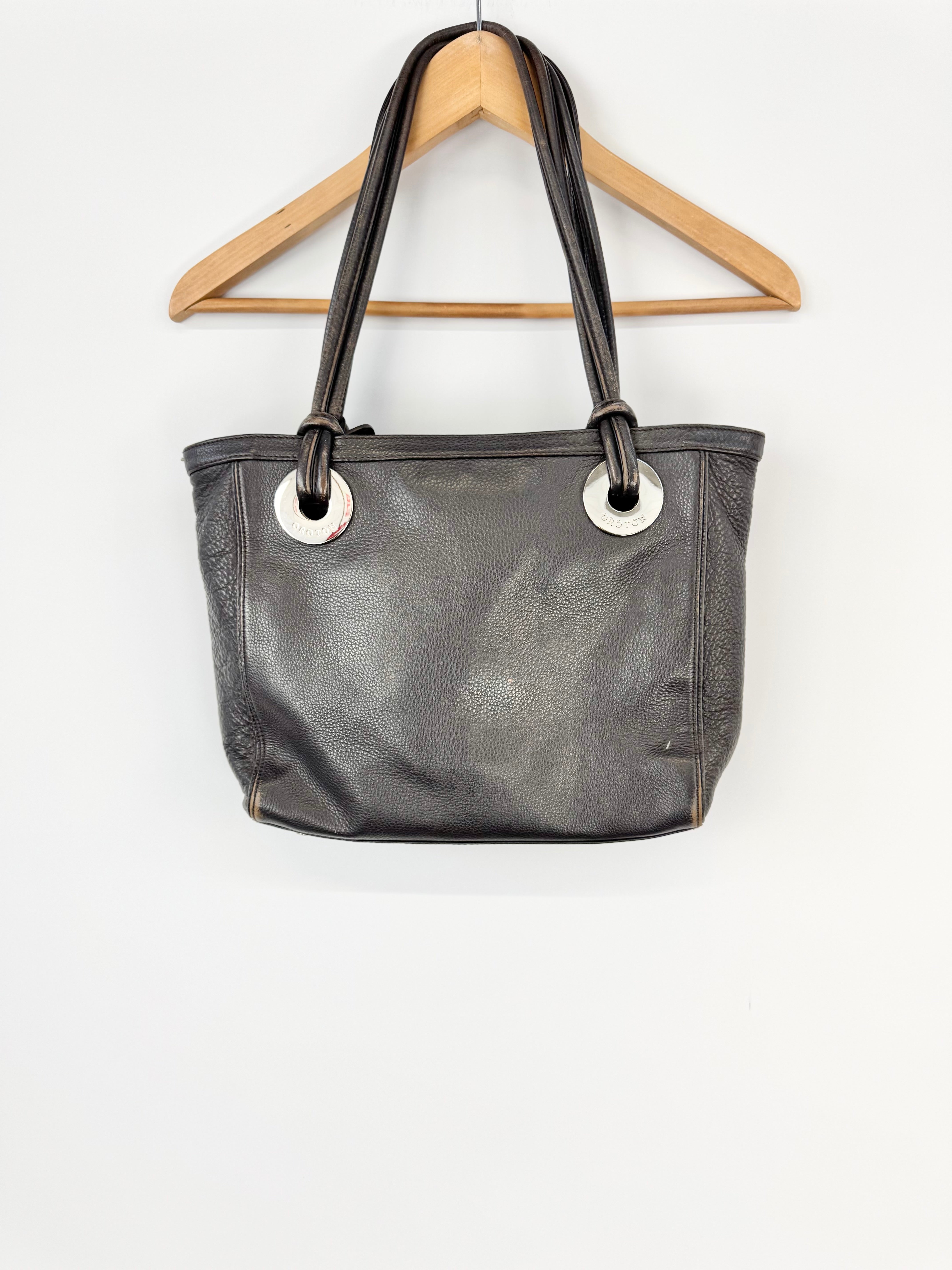 Oroton Brown Black Grained Leather Tote Bag