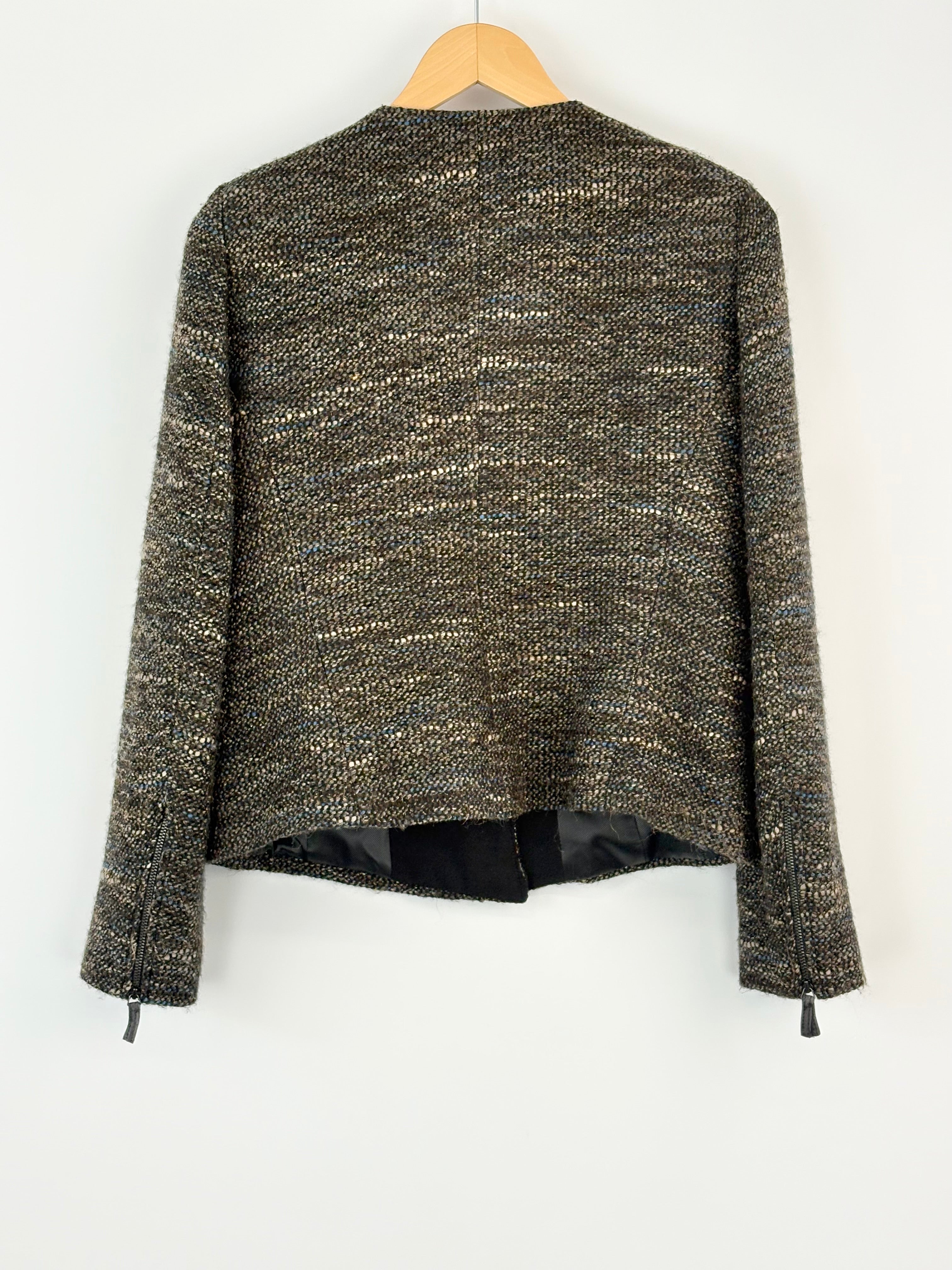 Gerard Darel Brown & Ocean Blue Tweed Asymmetric-Zip Moto Jacket - AU12