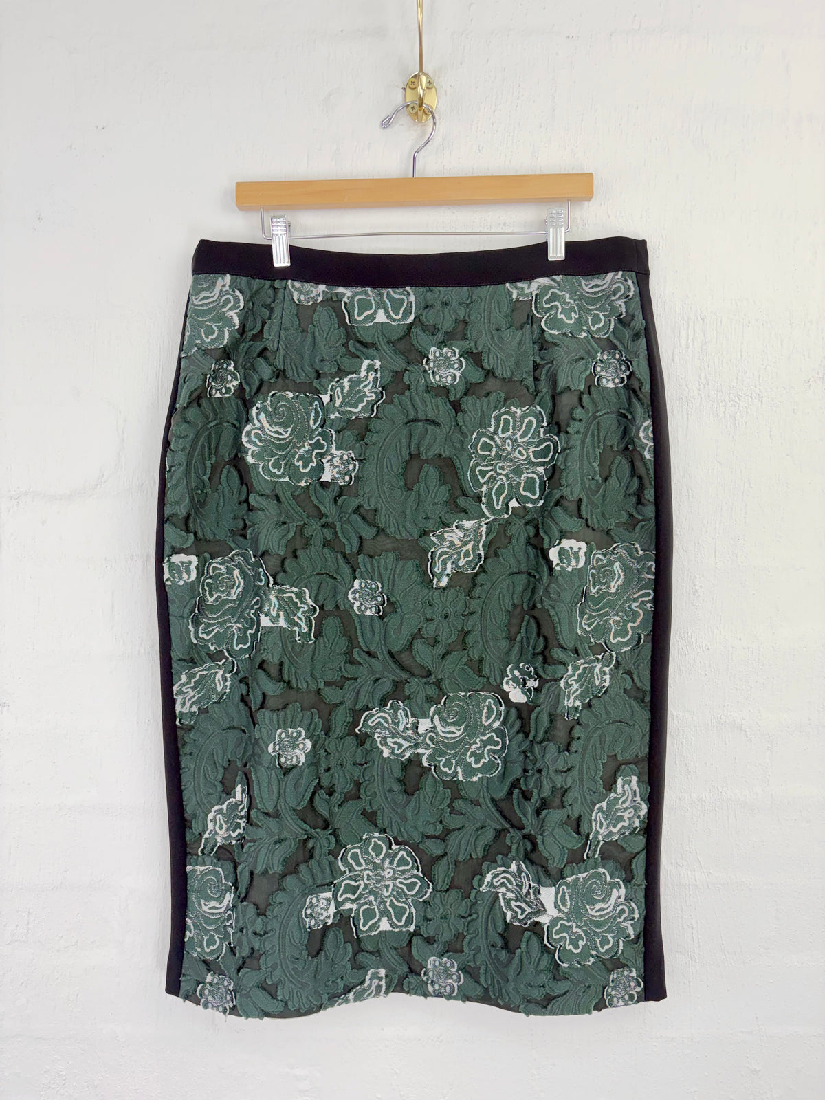 Marina Rinaldi Black, Green & White Rose Patterned Pencil Skirt - AU18/20