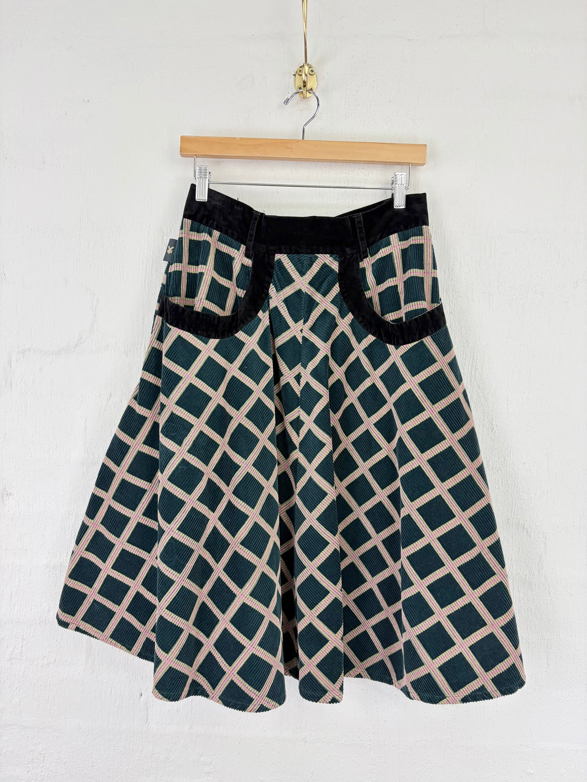 Michiko Koshino Green, Cream & Black Trim Corduroy Circle Skirt - AU12/14