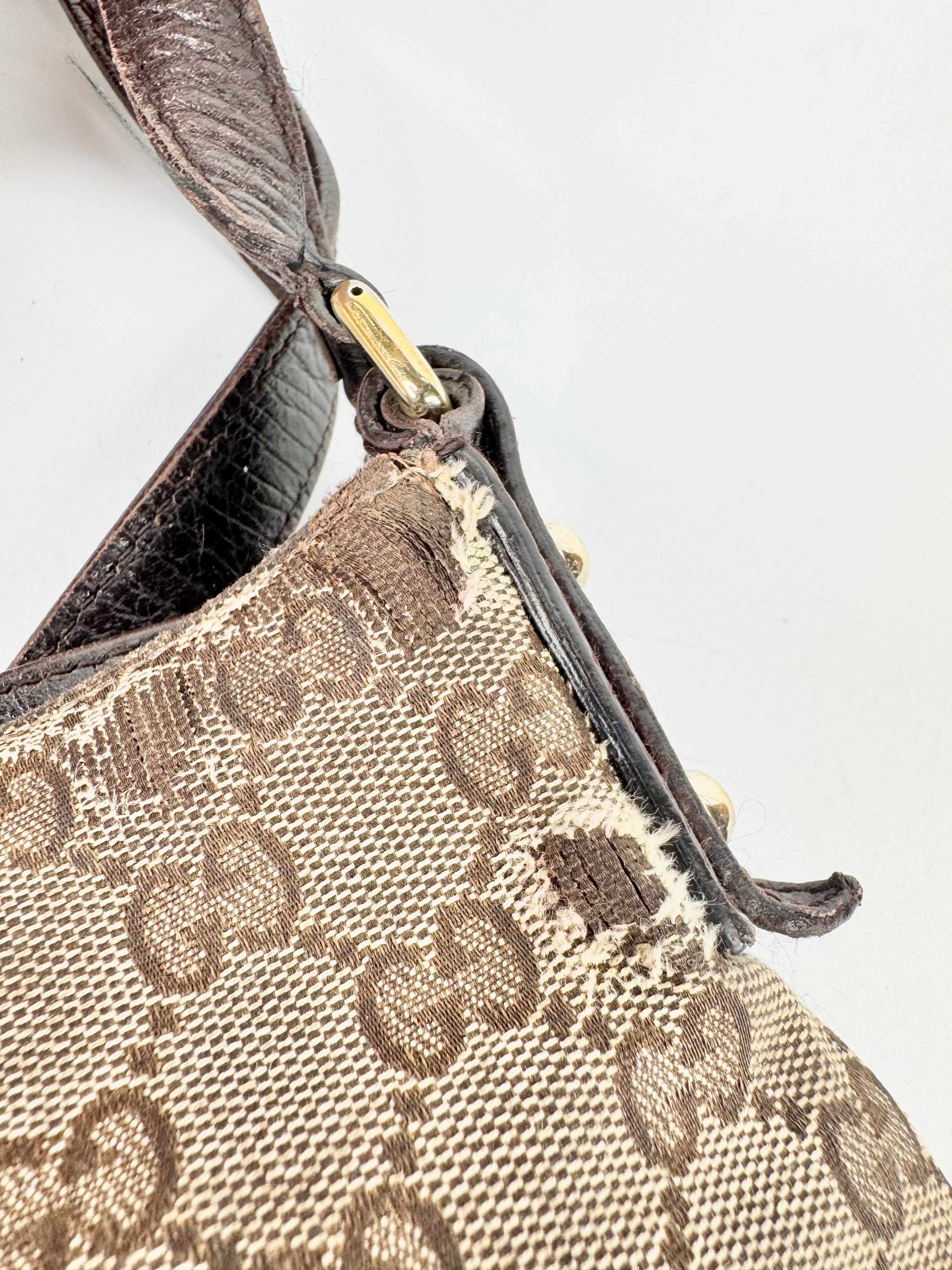 Vintage Gucci GG Canvas Horsebit Sherry Line Shoulder Bag Brown Beige