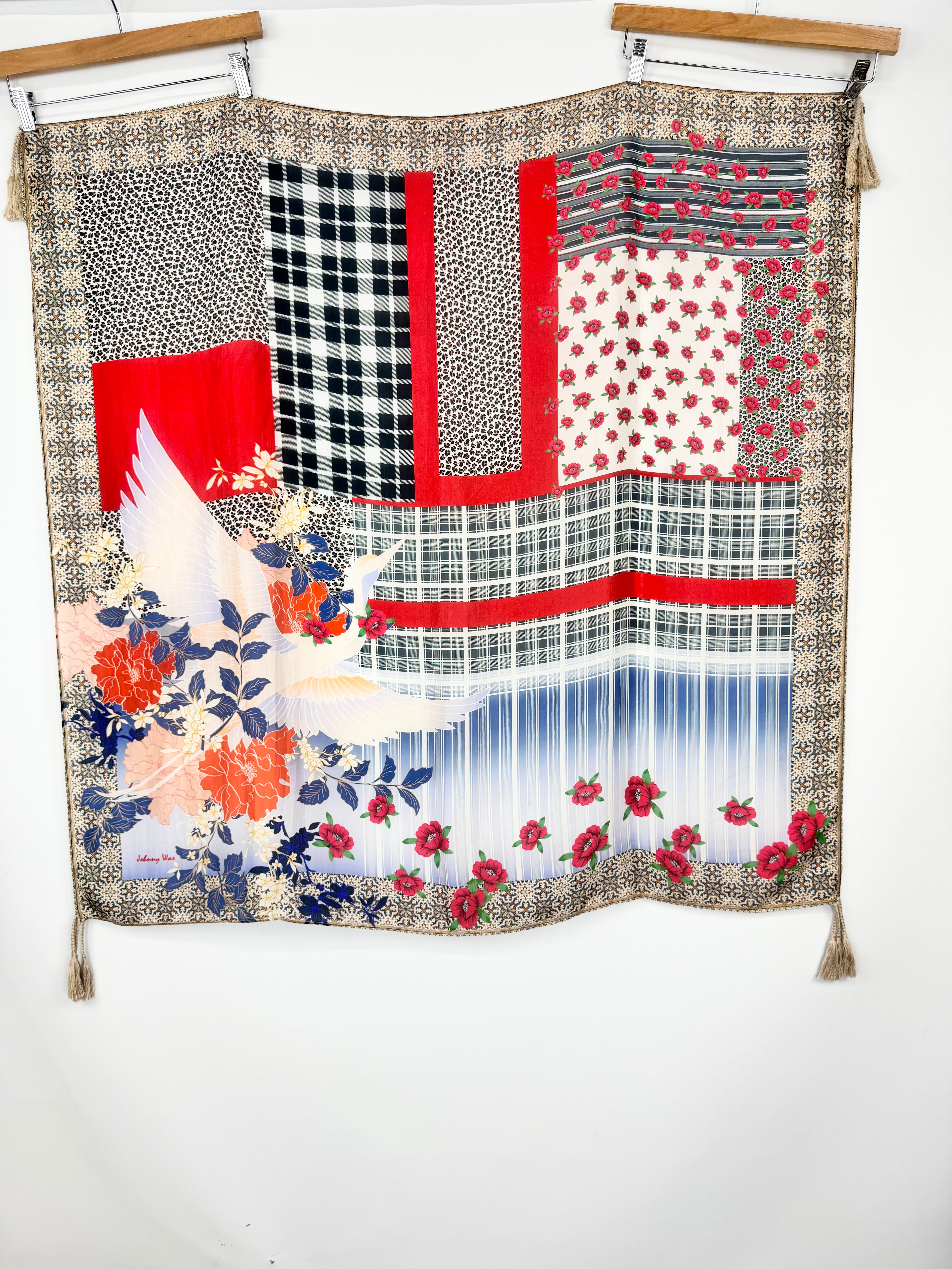 Johnny Was Blue, Red & Leopard Print Maximalist Silk Scarf