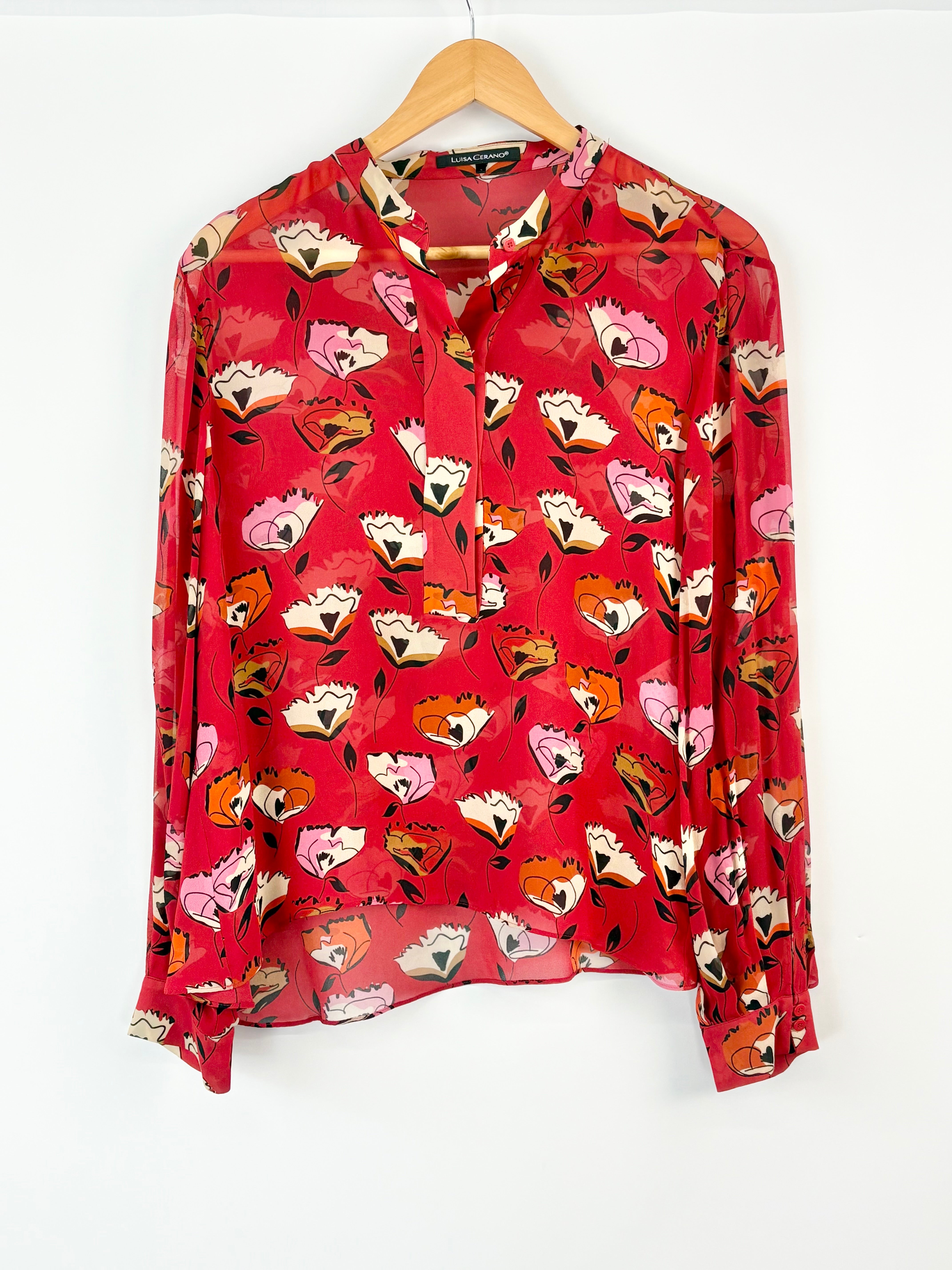 Luisa Cerano Sheer Ruby Red Patterned Blouse - AU12