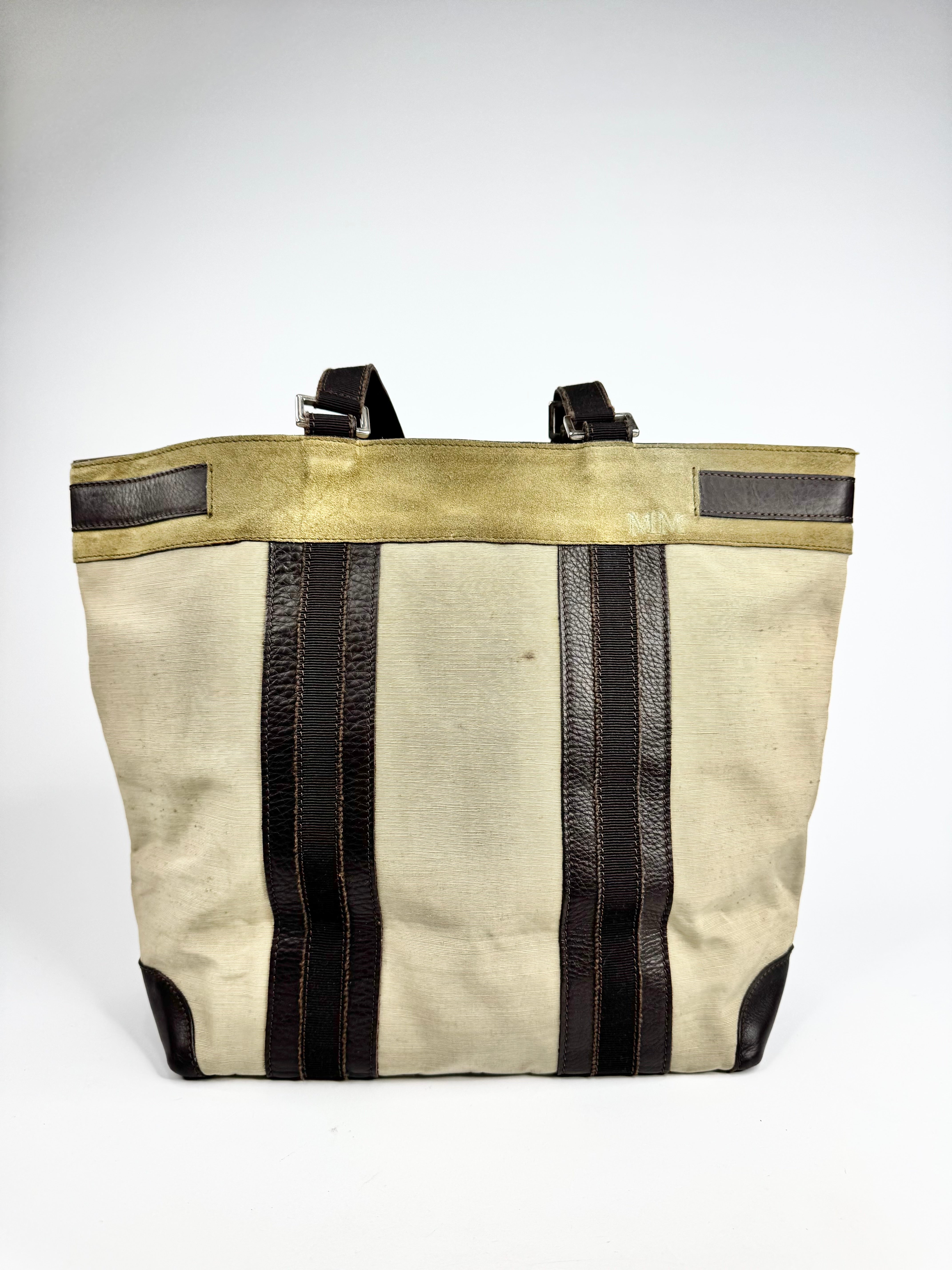 Vintage Max Mara Khaki Leather & Fabric Tote