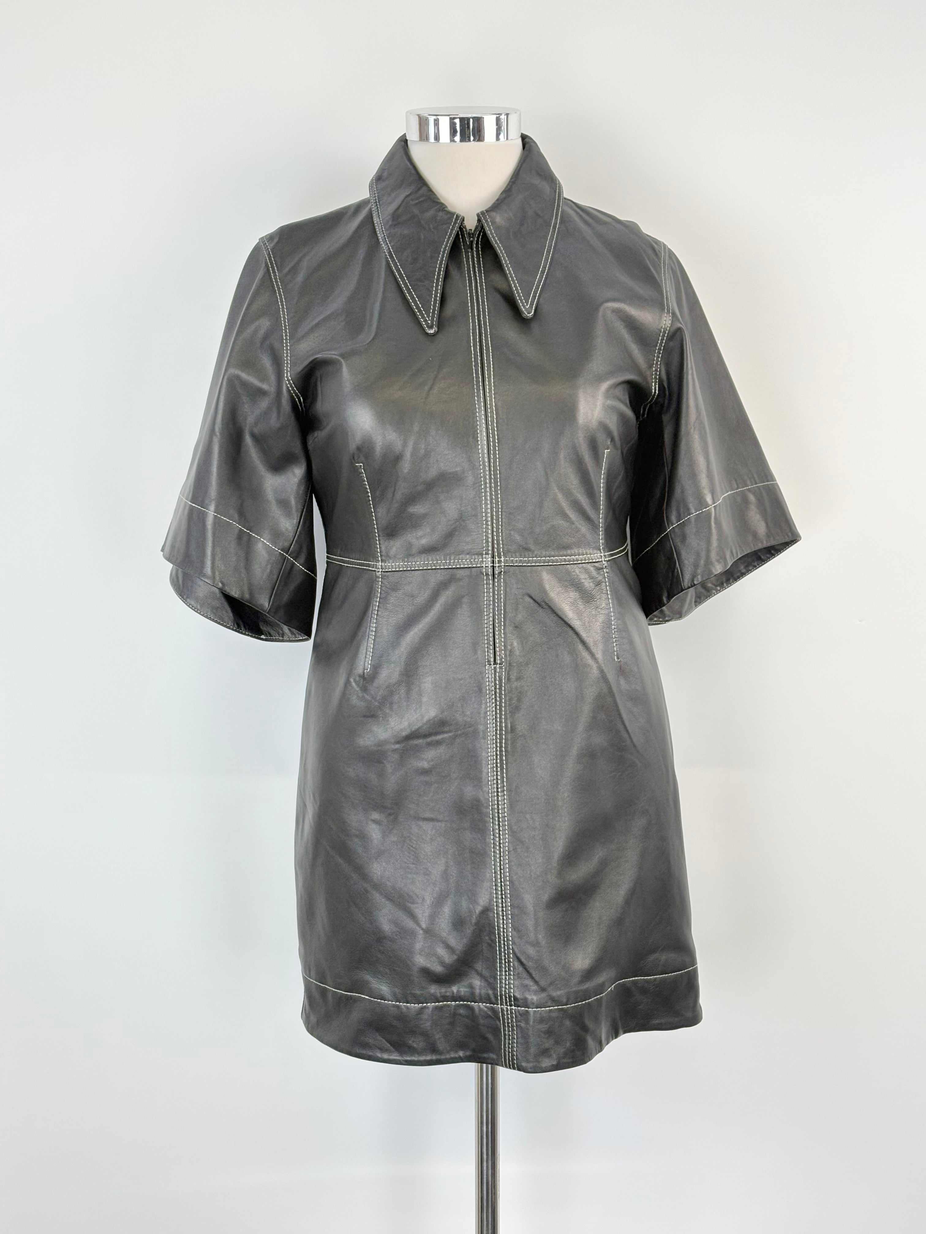 Ganni Black Leather Mini Dress - AU14