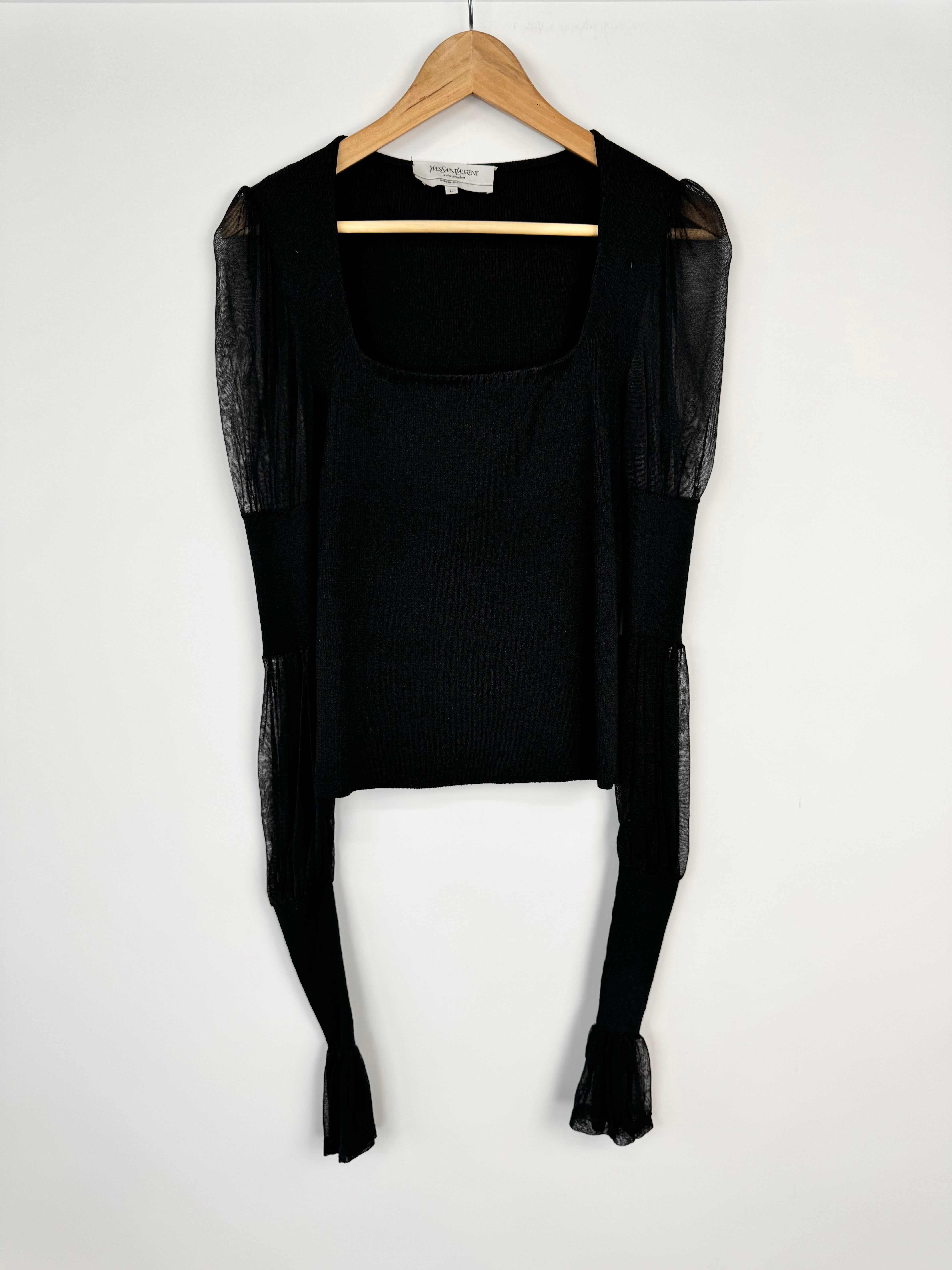 Vintage Yves Saint Laurent Rive Gauche Black Square Neck Long Sleeve Blouse - AU12