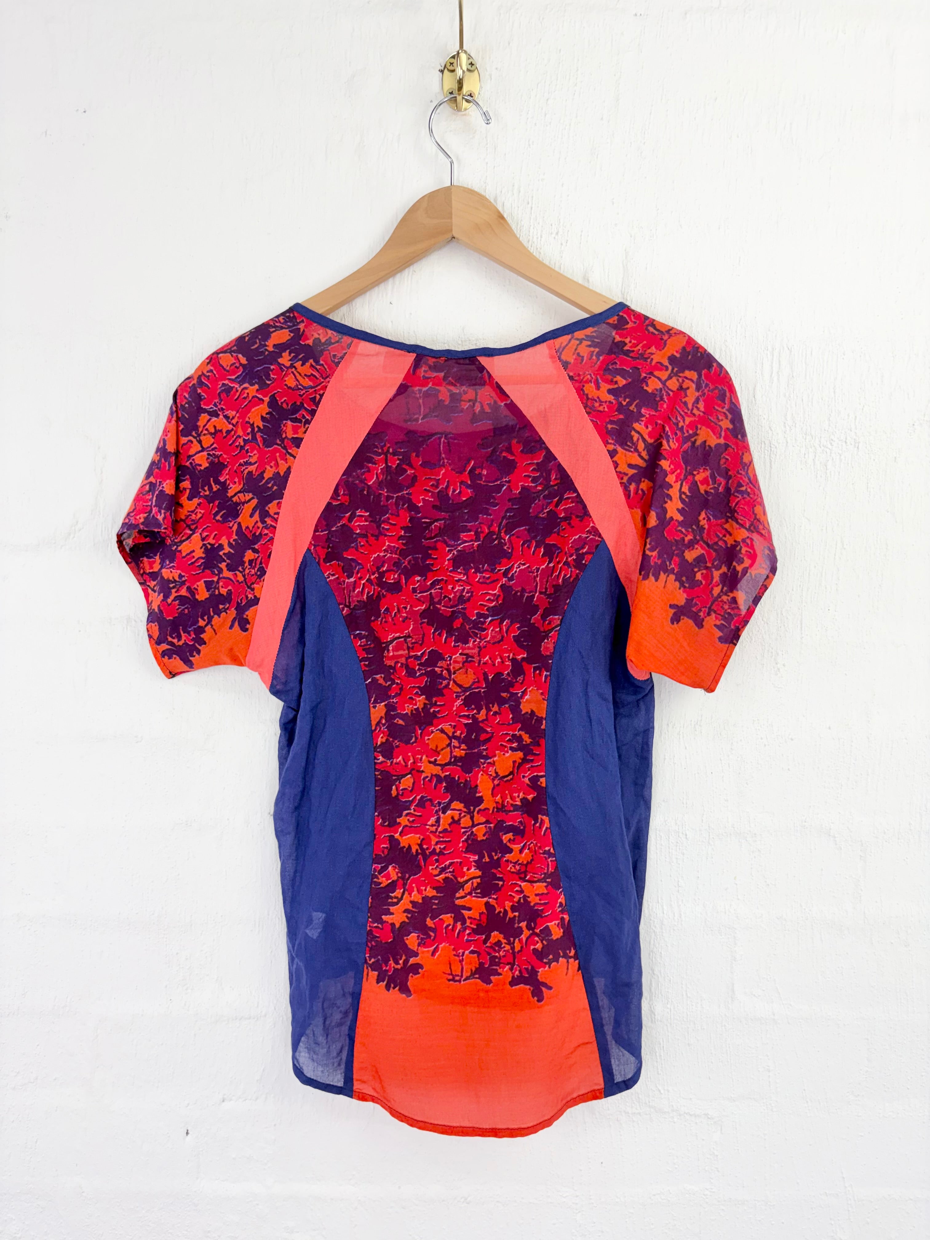 Tiffany Treloar Coral & Violet Patterned Silk Blend Top - AU8/10