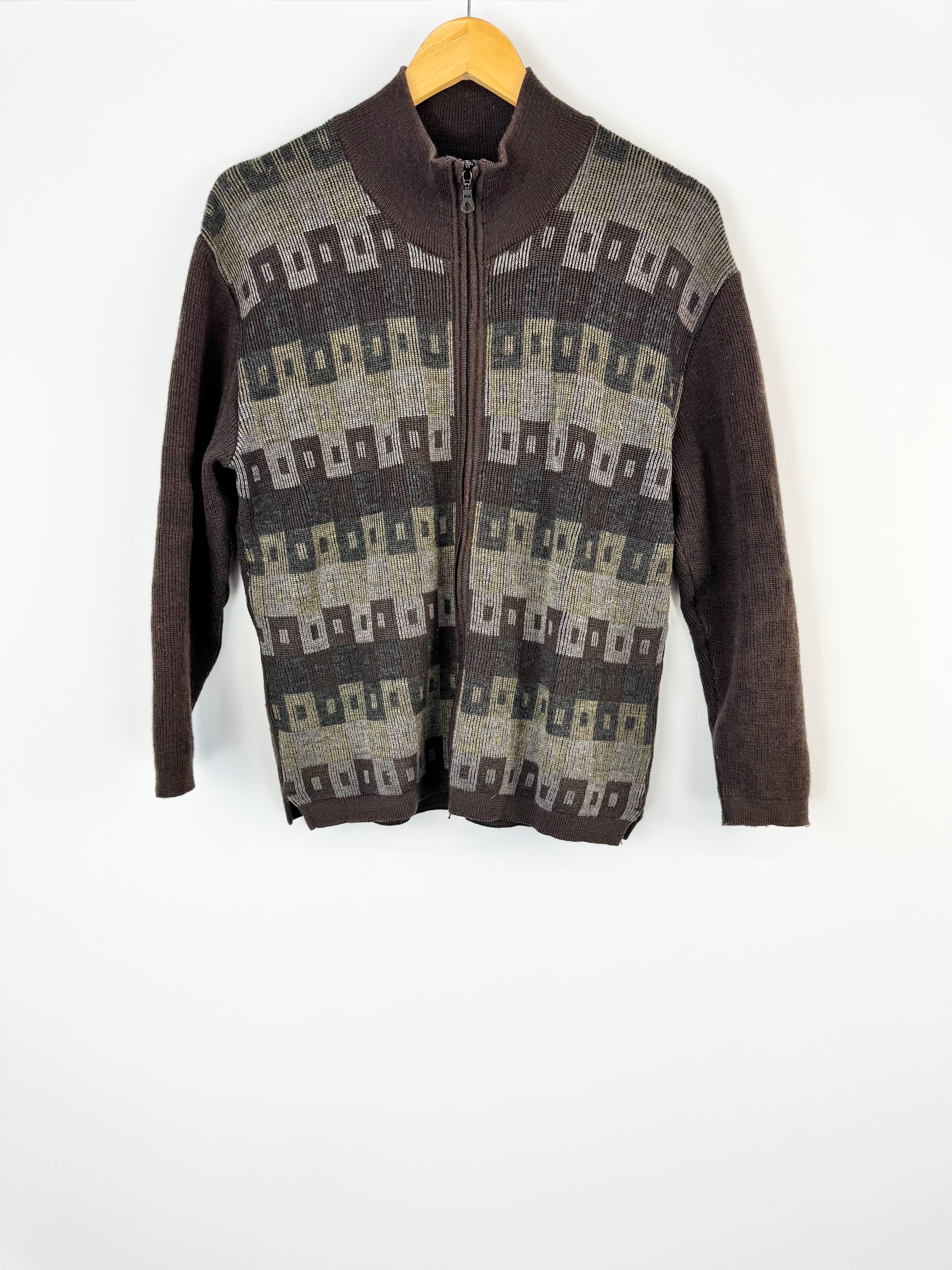 Aklanda Brown Geometric Patterned Zippered Jumper - M