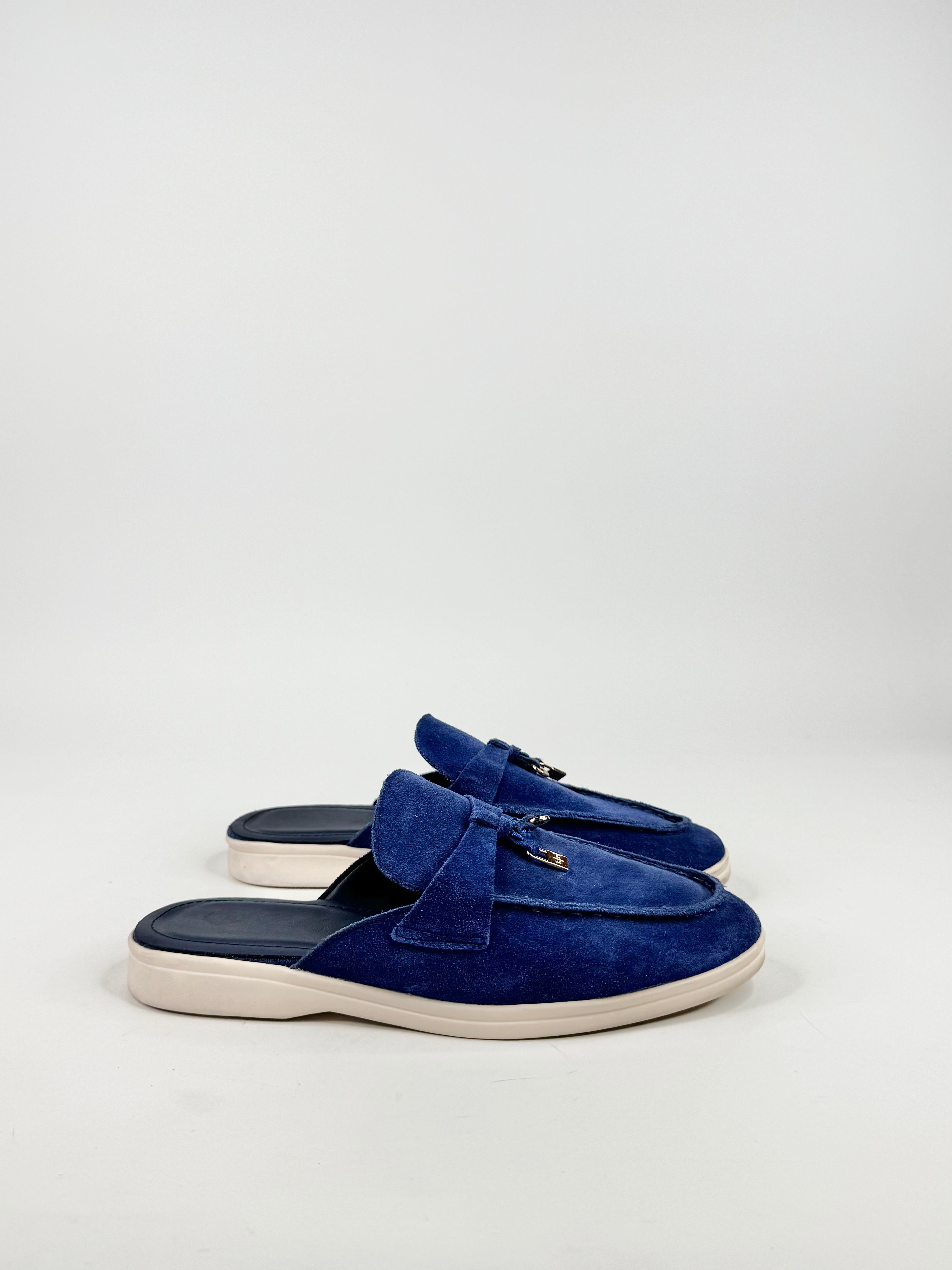 Loro Piana Blue Suede Babouche Charm Embellished Mules - EU38